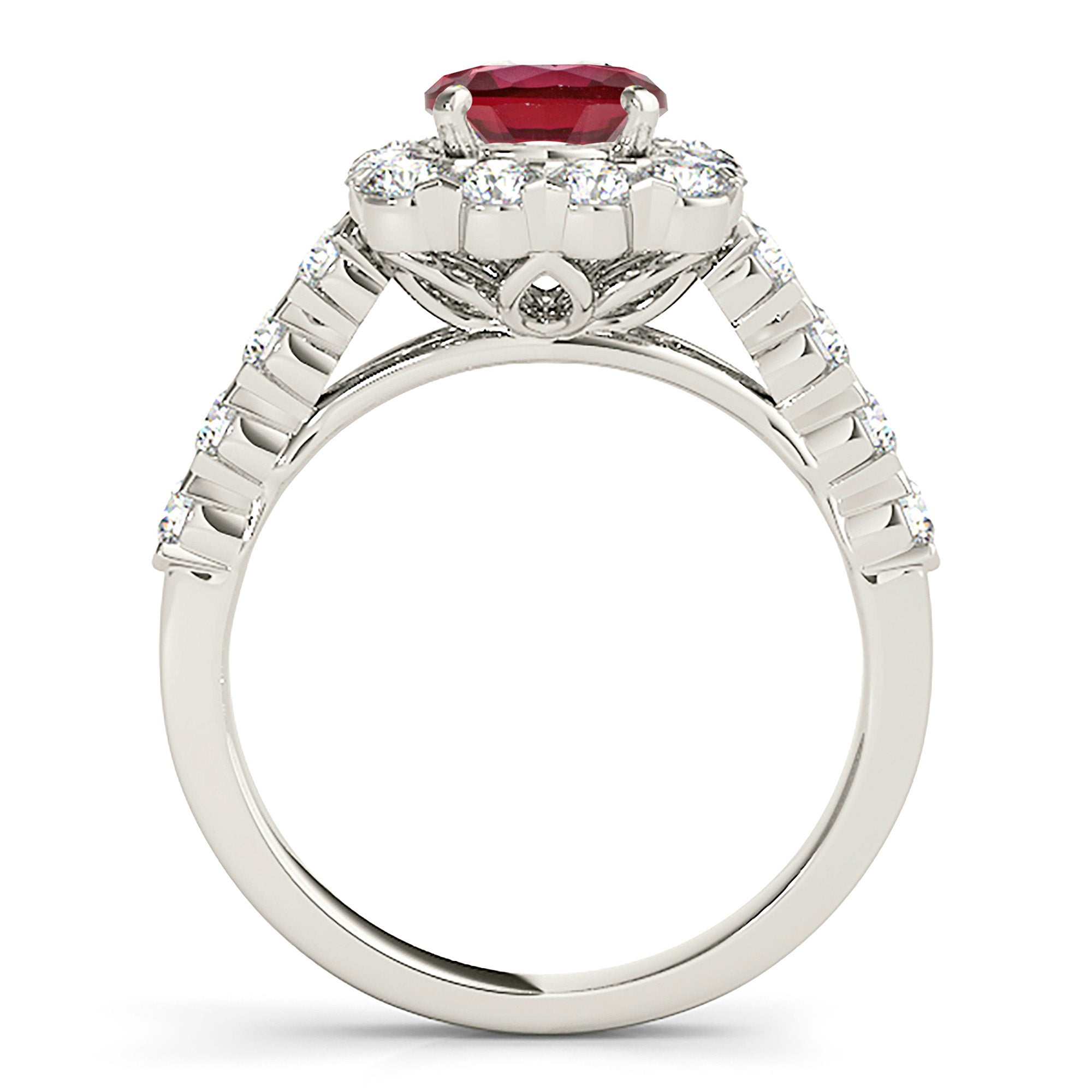 2.35 ct. Genuine Ruby Ring With 1.35 ctw. Diamond Cushion Halo And Scalloped Diamond Band-VIRABYANI