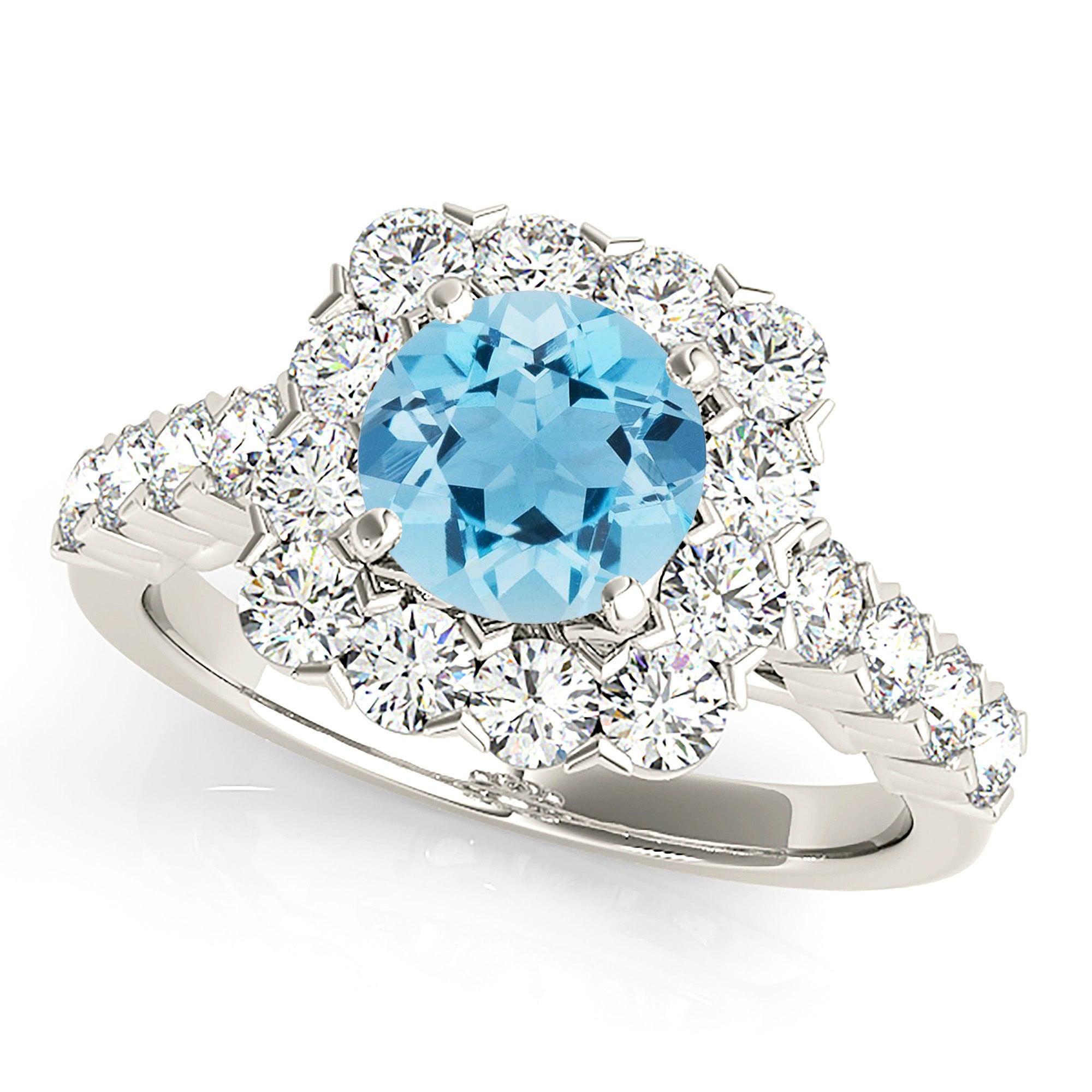 2.00 ct. Genuine Aquamarine Ring With 1.35 ctw. Diamond Cushion Halo And Scalloped Diamond Band-VIRABYANI