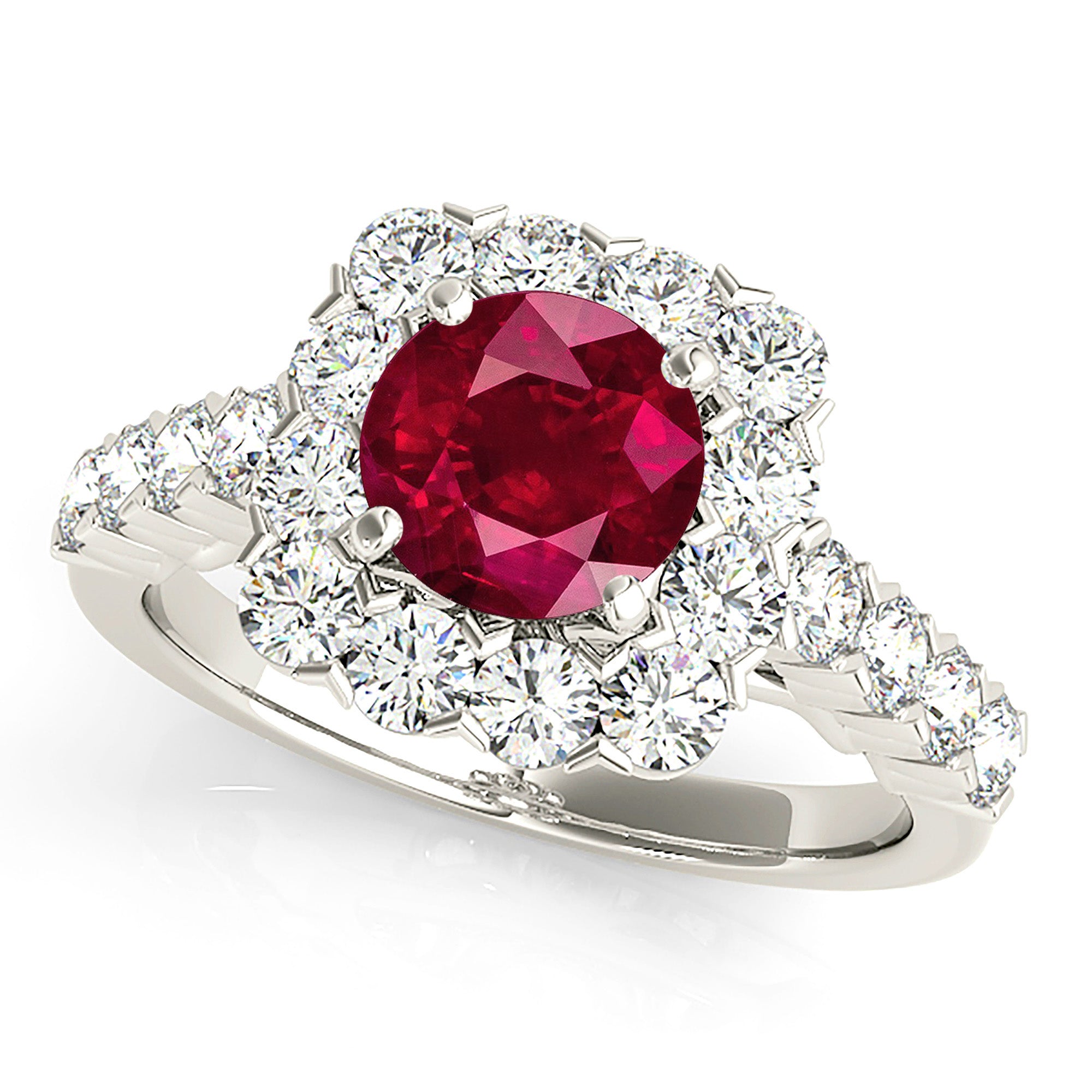 2.35 ct. Genuine Ruby Ring With 1.35 ctw. Diamond Cushion Halo And Scalloped Diamond Band-VIRABYANI