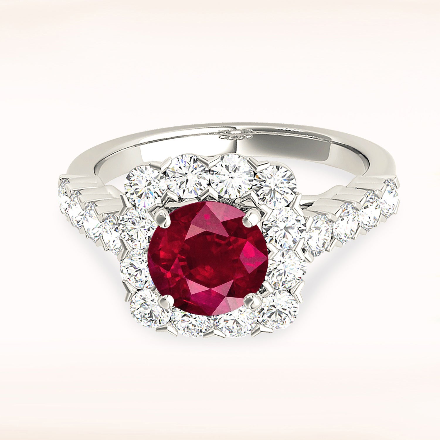 2.35 ct. Genuine Ruby Ring With 1.35 ctw. Diamond Cushion Halo And Scalloped Diamond Band-in 14K/18K White, Yellow, Rose Gold and Platinum - Christmas Jewelry Gift -VIRABYANI