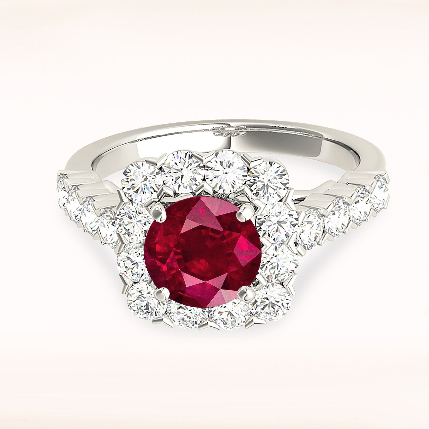 2.35 ct. Genuine Ruby Ring With 1.35 ctw. Diamond Cushion Halo And Scalloped Diamond Band-VIRABYANI