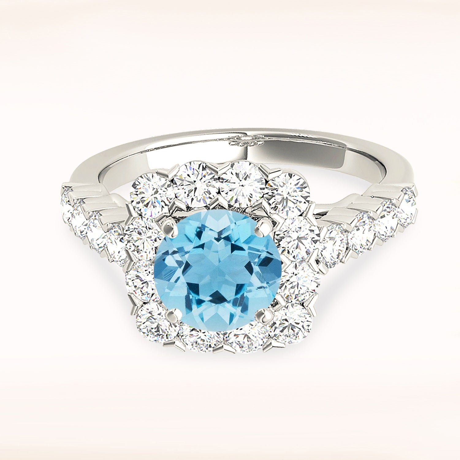 2.00 ct. Genuine Aquamarine Ring With 1.35 ctw. Diamond Cushion Halo And Scalloped Diamond Band-VIRABYANI