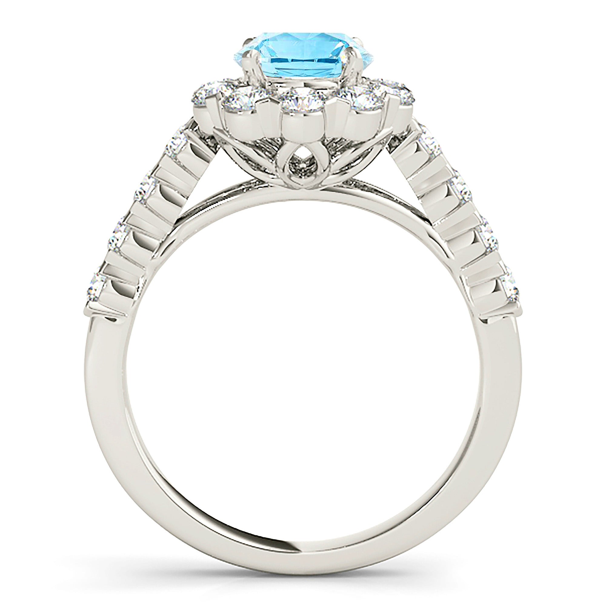 1.10 ct. Genuine Aquamarine Ring With 1.20 ctw. Diamond Halo And Scalloped Diamond Band | Round Blue Aquamarine Halo Ring-VIRABYANI