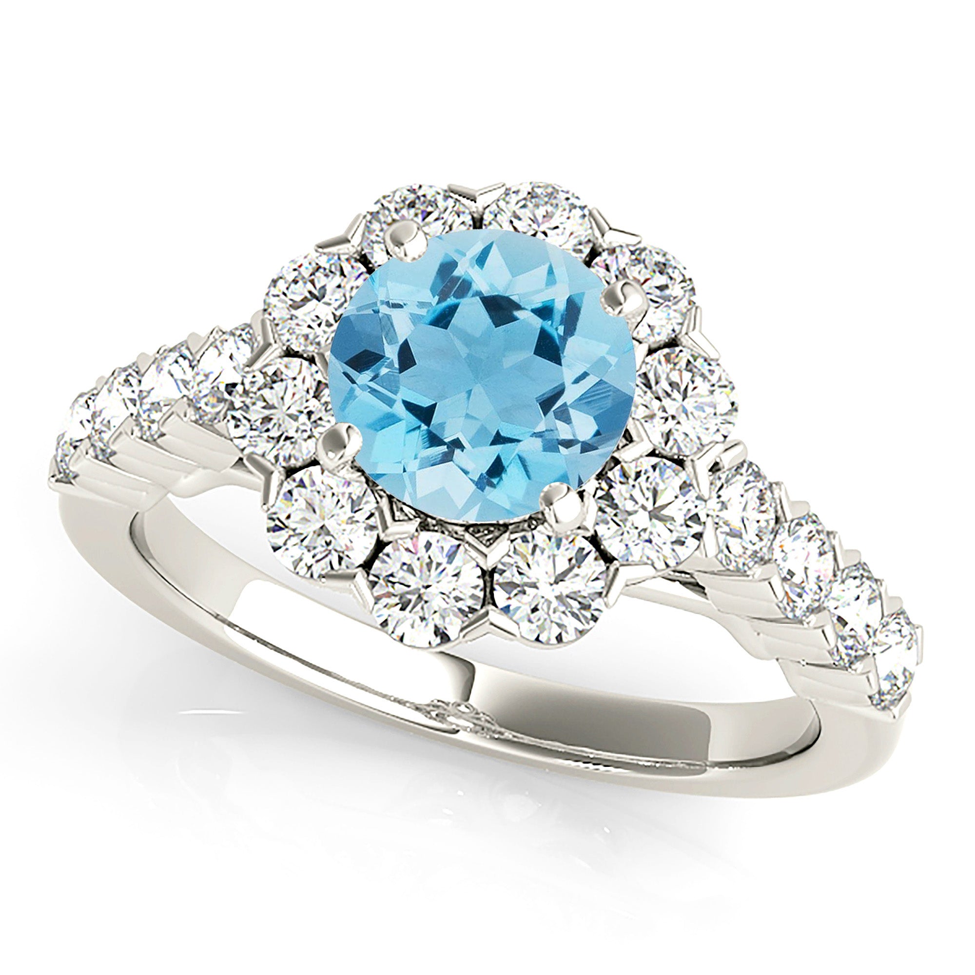 1.10 ct. Genuine Aquamarine Ring With 1.20 ctw. Diamond Halo And Scalloped Diamond Band | Round Blue Aquamarine Halo Ring-in 14K/18K White, Yellow, Rose Gold and Platinum - Christmas Jewelry Gift -VIRABYANI