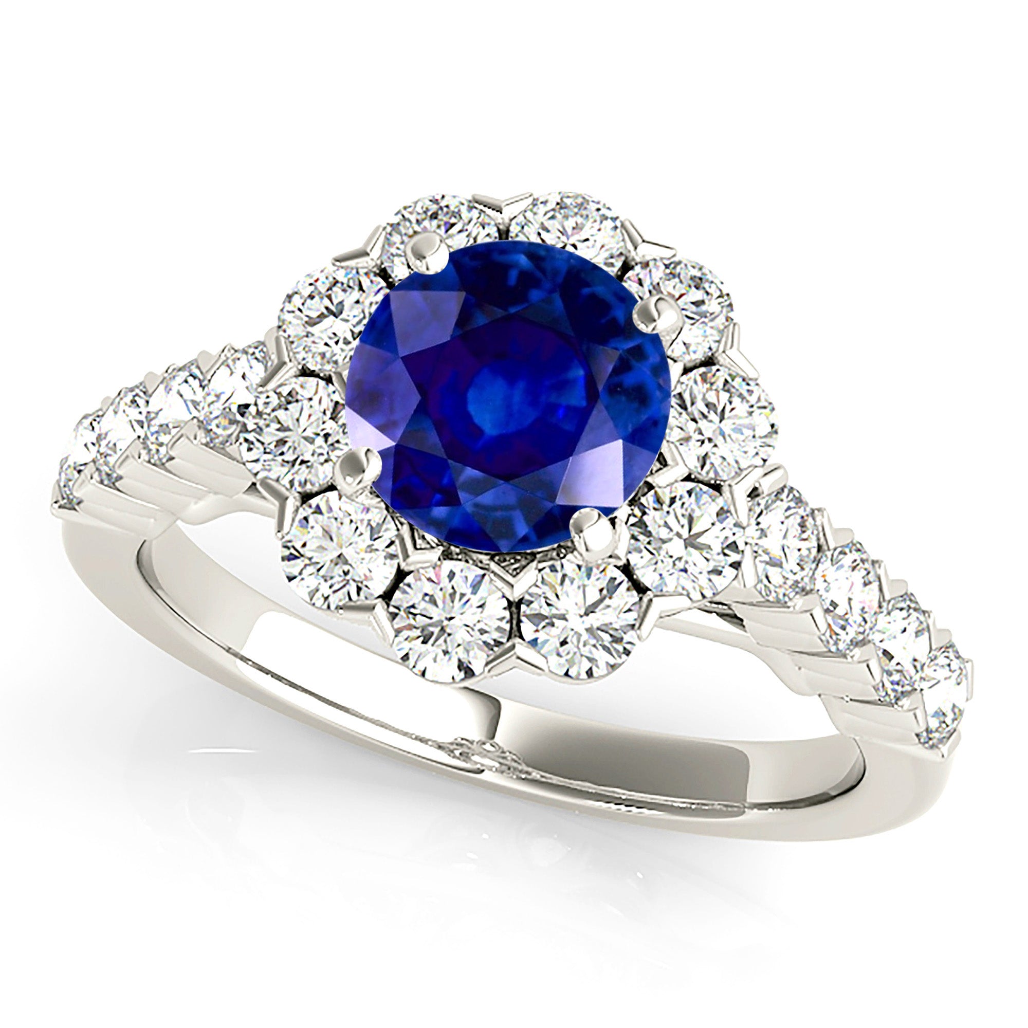 1.35 ct. Genuine Blue Sapphire Ring With 1.20 ctw. Diamond Floral Halo, Scalloped Diamond Band | Natural Sapphire And Diamond Gemstone Ring-in 14K/18K White, Yellow, Rose Gold and Platinum - Christmas Jewelry Gift -VIRABYANI