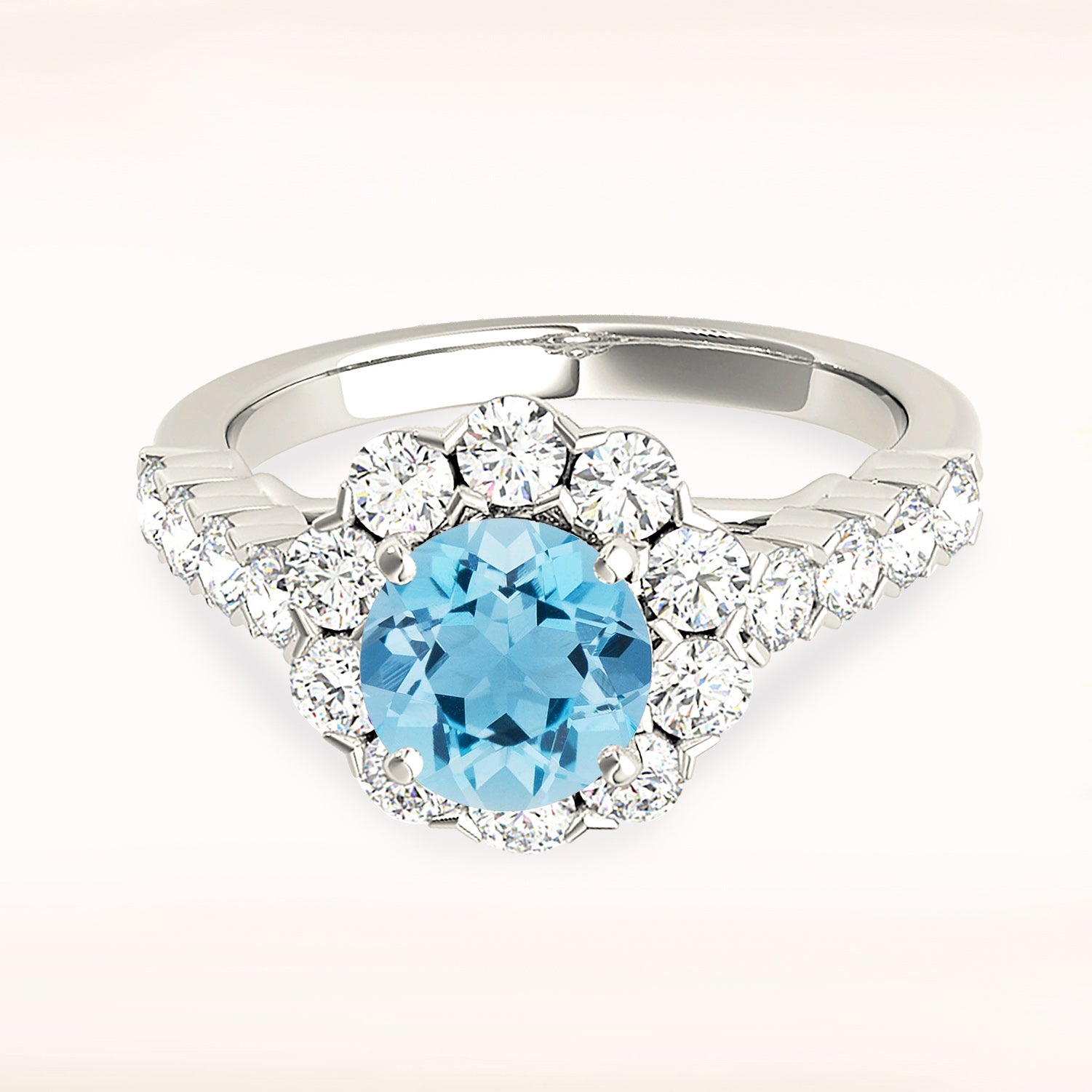 1.10 ct. Genuine Aquamarine Ring With 1.20 ctw. Diamond Halo And Scalloped Diamond Band | Round Blue Aquamarine Halo Ring-VIRABYANI