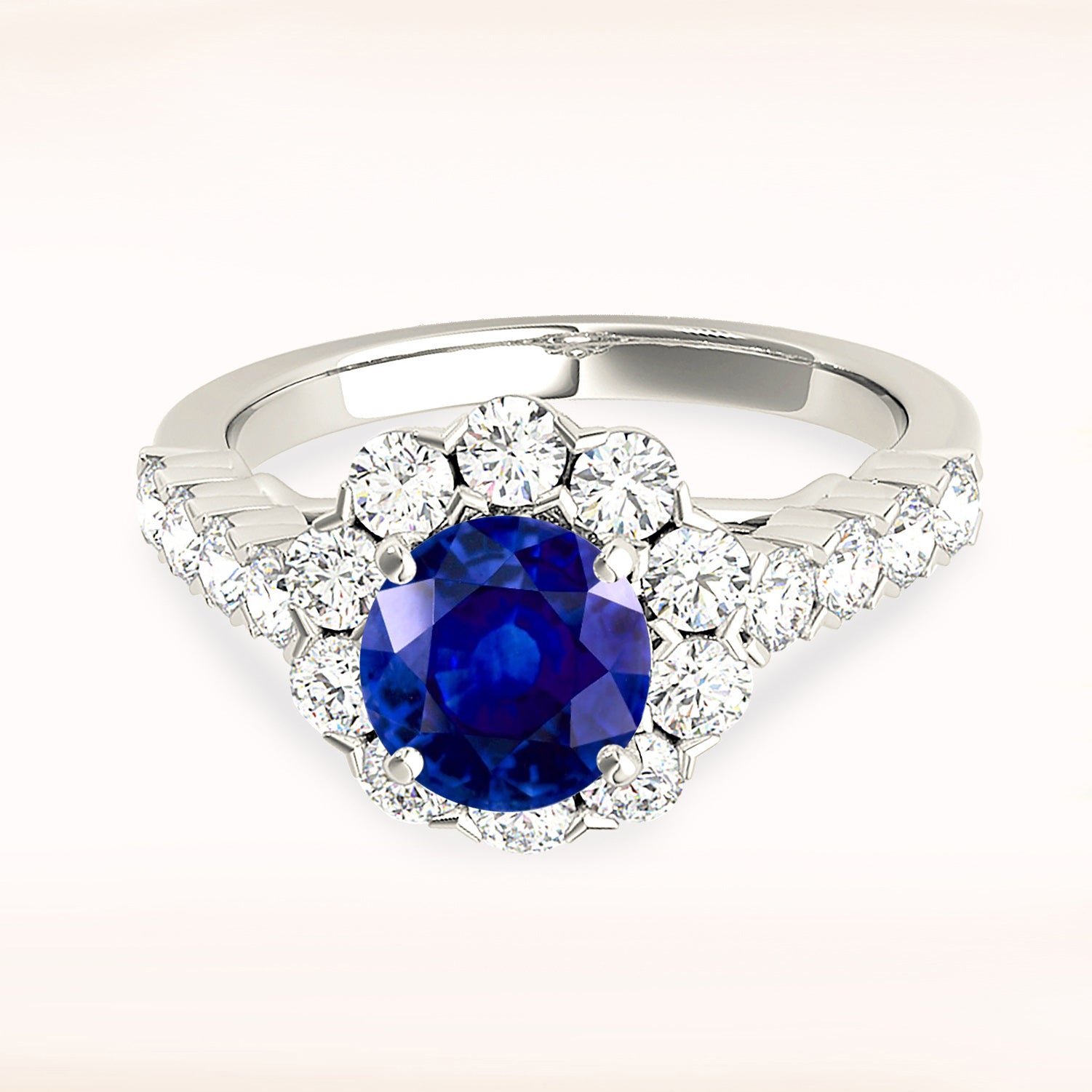 1.35 ct. Genuine Blue Sapphire Ring With 1.20 ctw. Diamond Floral Halo, Scalloped Diamond Band | Natural Sapphire And Diamond Gemstone Ring-in 14K/18K White, Yellow, Rose Gold and Platinum - Christmas Jewelry Gift -VIRABYANI