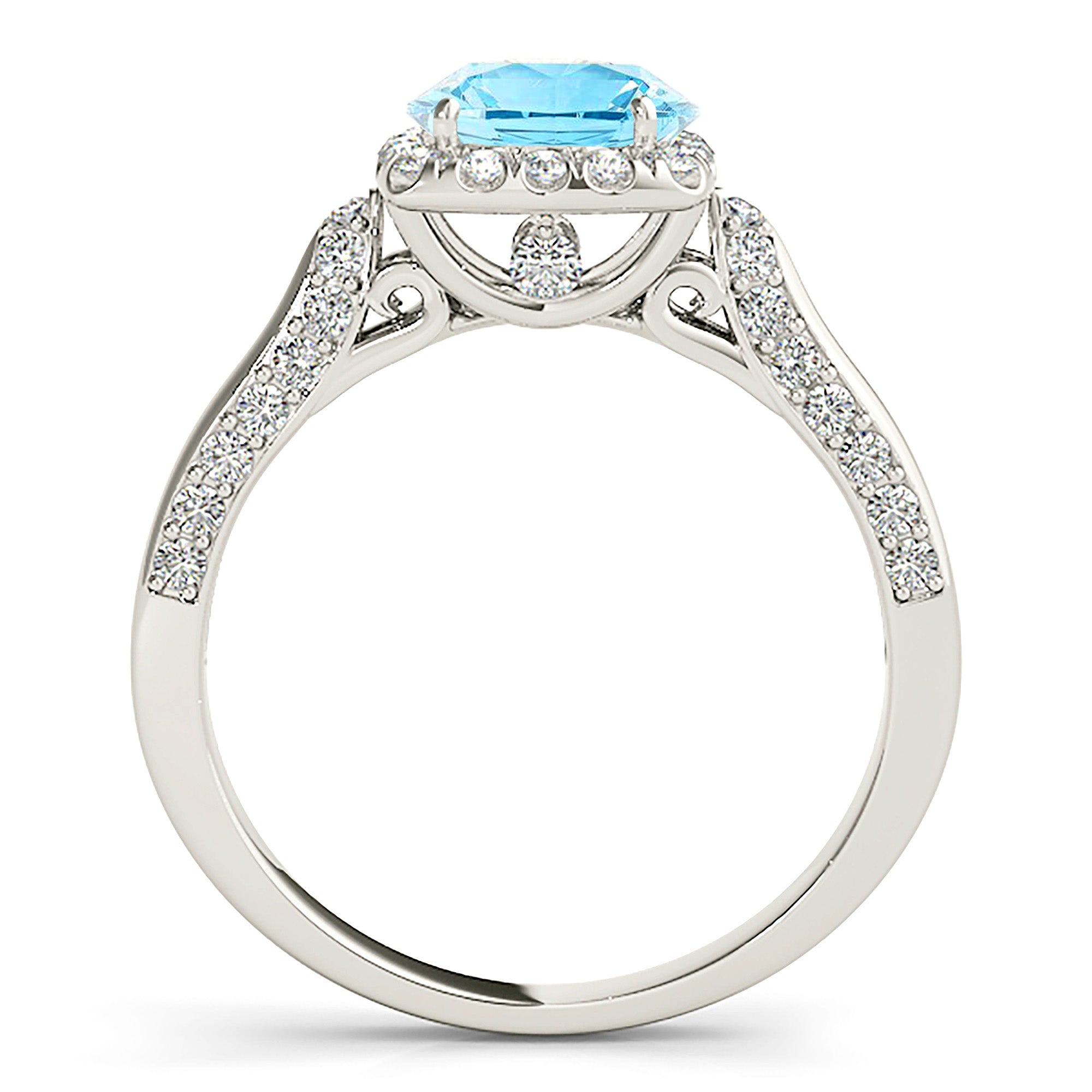1.75 ct. Genuine Aquamarine Ring with 0.55 ctw. Diamond Cushion Halo And Modern Diamond Band | Round Blue Aquamarine Halo Ring-VIRABYANI