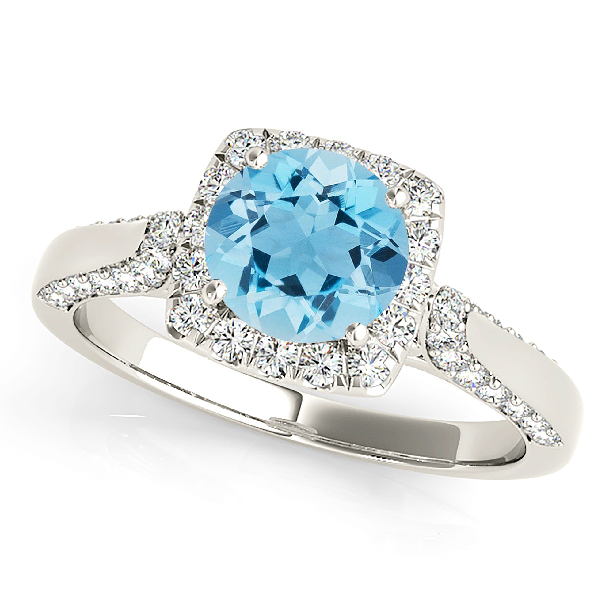 1.75 ct. Genuine Aquamarine Ring with 0.55 ctw. Diamond Cushion Halo And Modern Diamond Band | Round Blue Aquamarine Halo Ring-in 14K/18K White, Yellow, Rose Gold and Platinum - Christmas Jewelry Gift -VIRABYANI