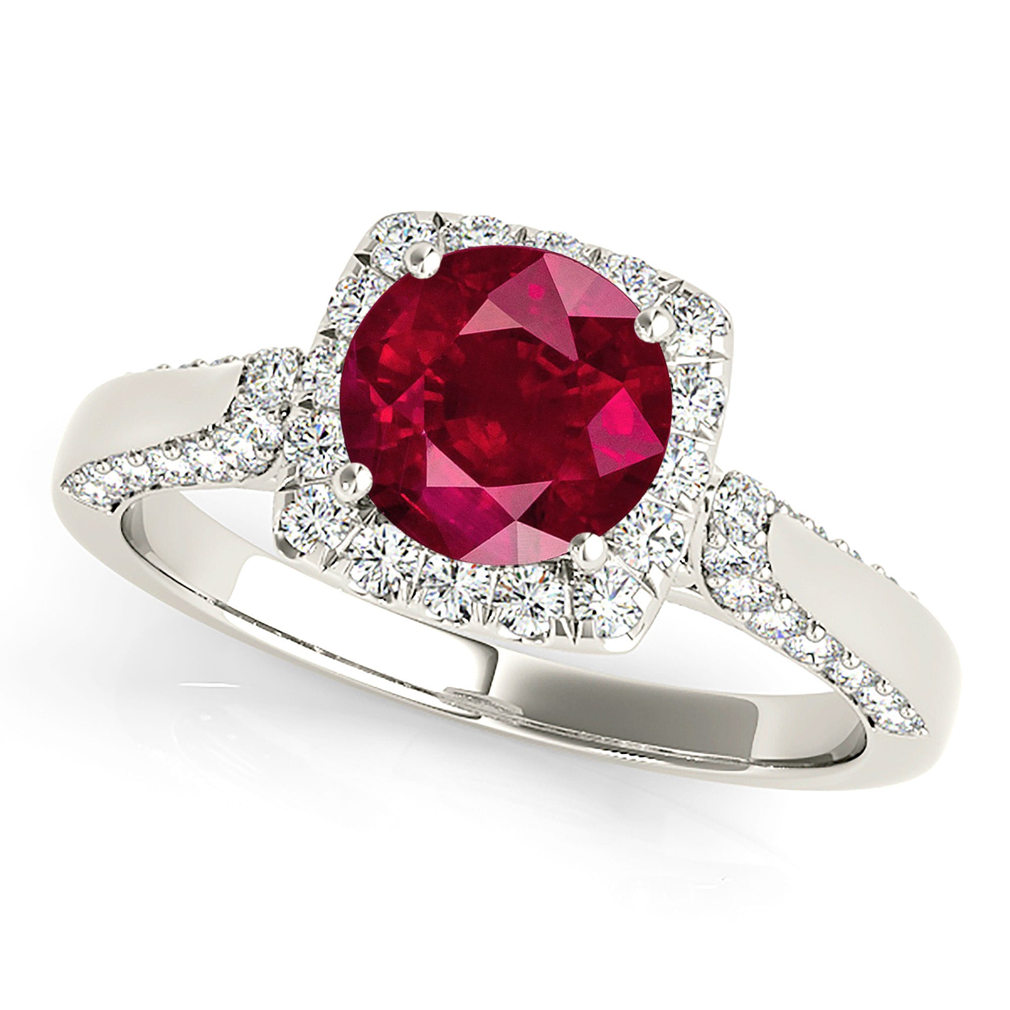 1.79 ct. Genuine Ruby Ring With 0.55 ctw. Diamond Halo And Side accent Side Diamonds, Fancy Bridge-in 14K/18K White, Yellow, Rose Gold and Platinum - Christmas Jewelry Gift -VIRABYANI