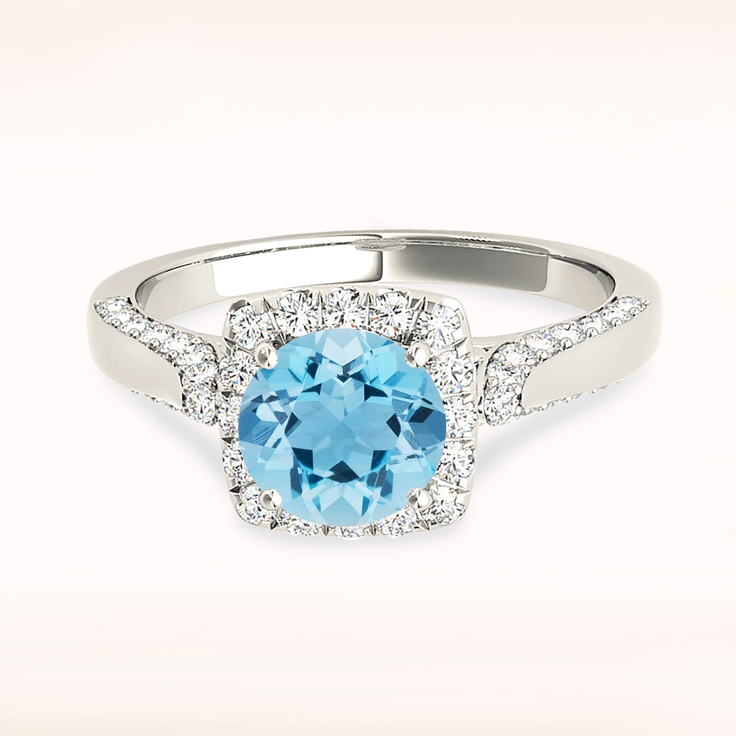 1.75 ct. Genuine Aquamarine Ring with 0.55 ctw. Diamond Cushion Halo And Modern Diamond Band | Round Blue Aquamarine Halo Ring-VIRABYANI