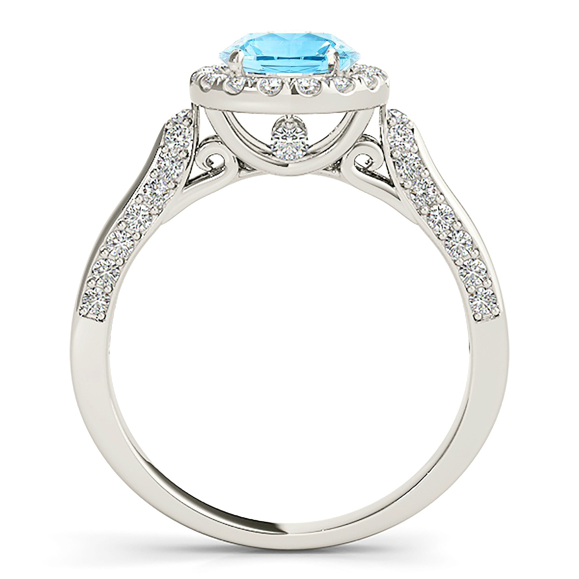 1.75 ct. Genuine Aquamarine Ring With 0.55 ctw. Diamond Halo And Side Accent Diamonds, Solid Gold Band | Round Blue Aquamarine Halo Ring-VIRABYANI