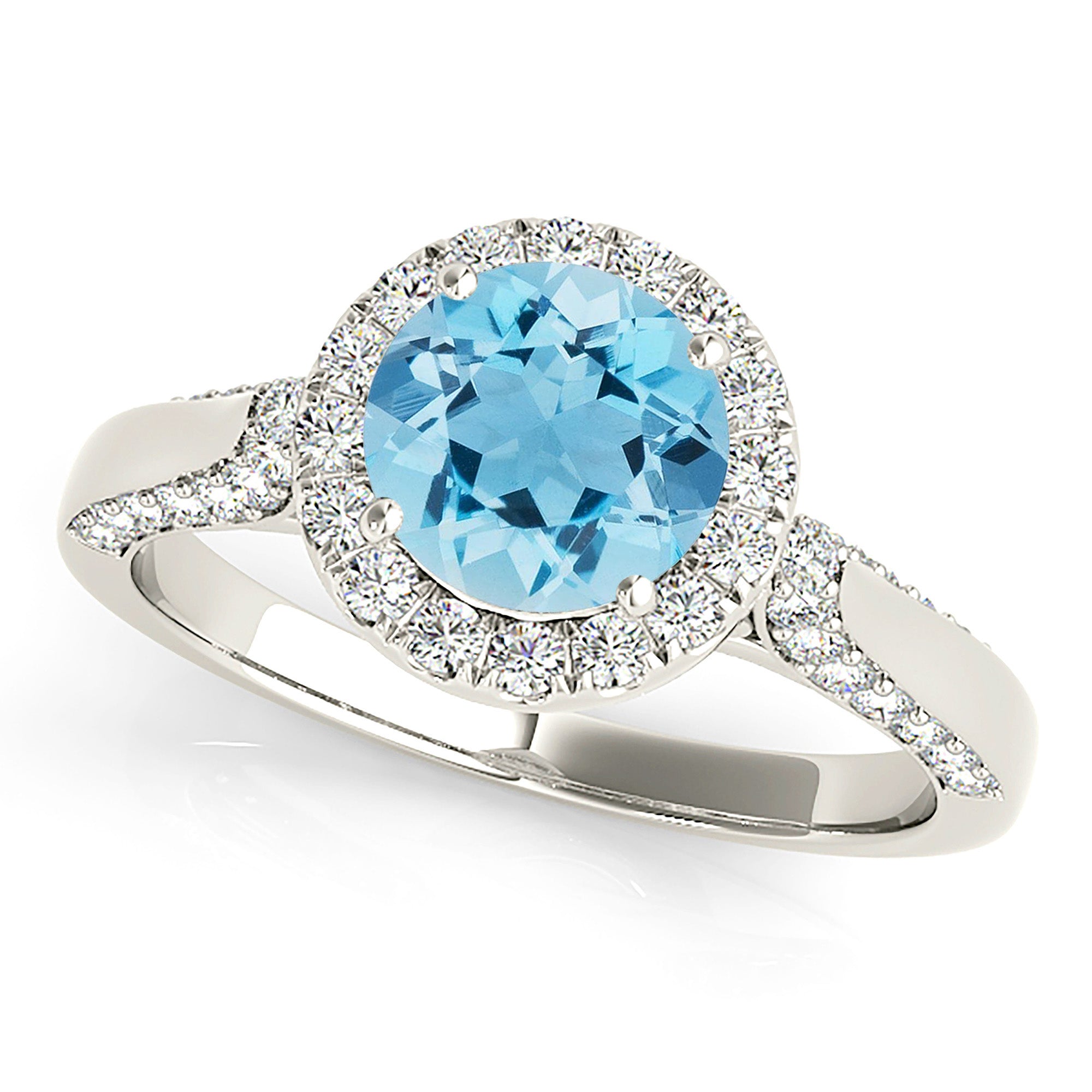1.75 ct. Genuine Aquamarine Ring With 0.55 ctw. Diamond Halo And Side Accent Diamonds, Solid Gold Band | Round Blue Aquamarine Halo Ring-VIRABYANI
