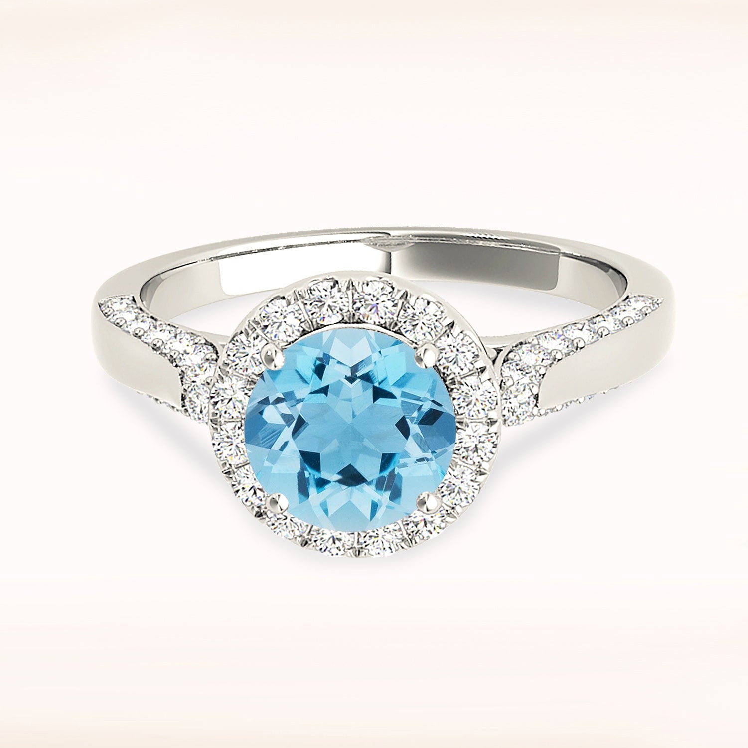 1.75 ct. Genuine Aquamarine Ring With 0.55 ctw. Diamond Halo And Side Accent Diamonds, Solid Gold Band | Round Blue Aquamarine Halo Ring-VIRABYANI