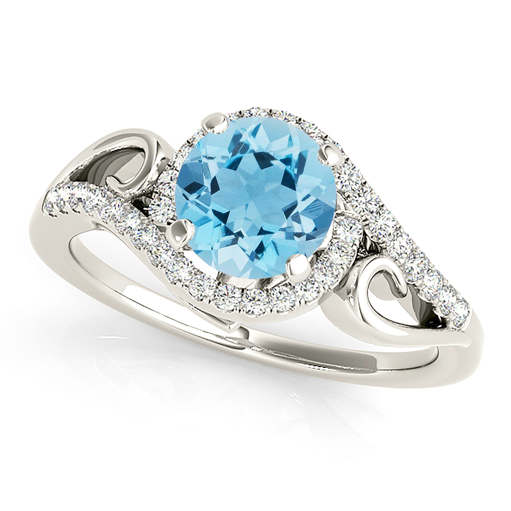 1.63 ct. Genuine Aquamarine Ring With 0.20 ctw. Diamond Wrap Around Halo, Diamond And Solid Gold Heart Band| Round Blue Aquamarine Halo Ring-VIRABYANI