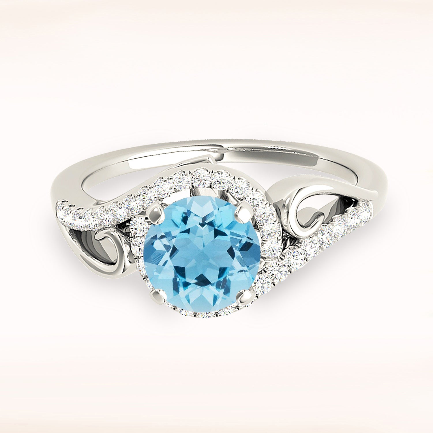 1.63 ct. Genuine Aquamarine Ring With 0.20 ctw. Diamond Wrap Around Halo, Diamond And Solid Gold Heart Band| Round Blue Aquamarine Halo Ring-VIRABYANI