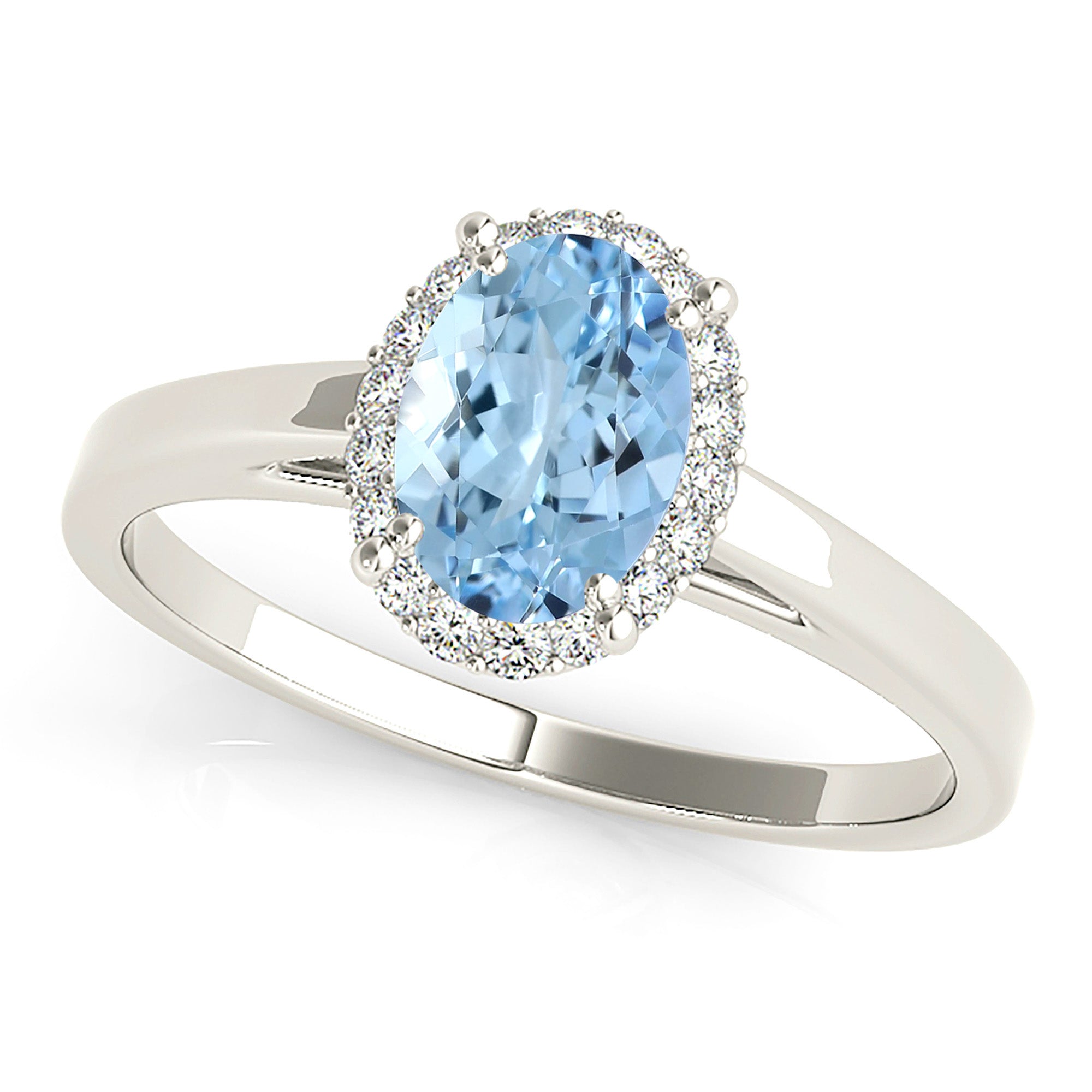 1.27 ct. Genuine Oval Aquamarine Ring With 0.20 ctw. Diamond Halo and Solid Gold Band | Oval Blue Aquamarine Halo Ring-VIRABYANI