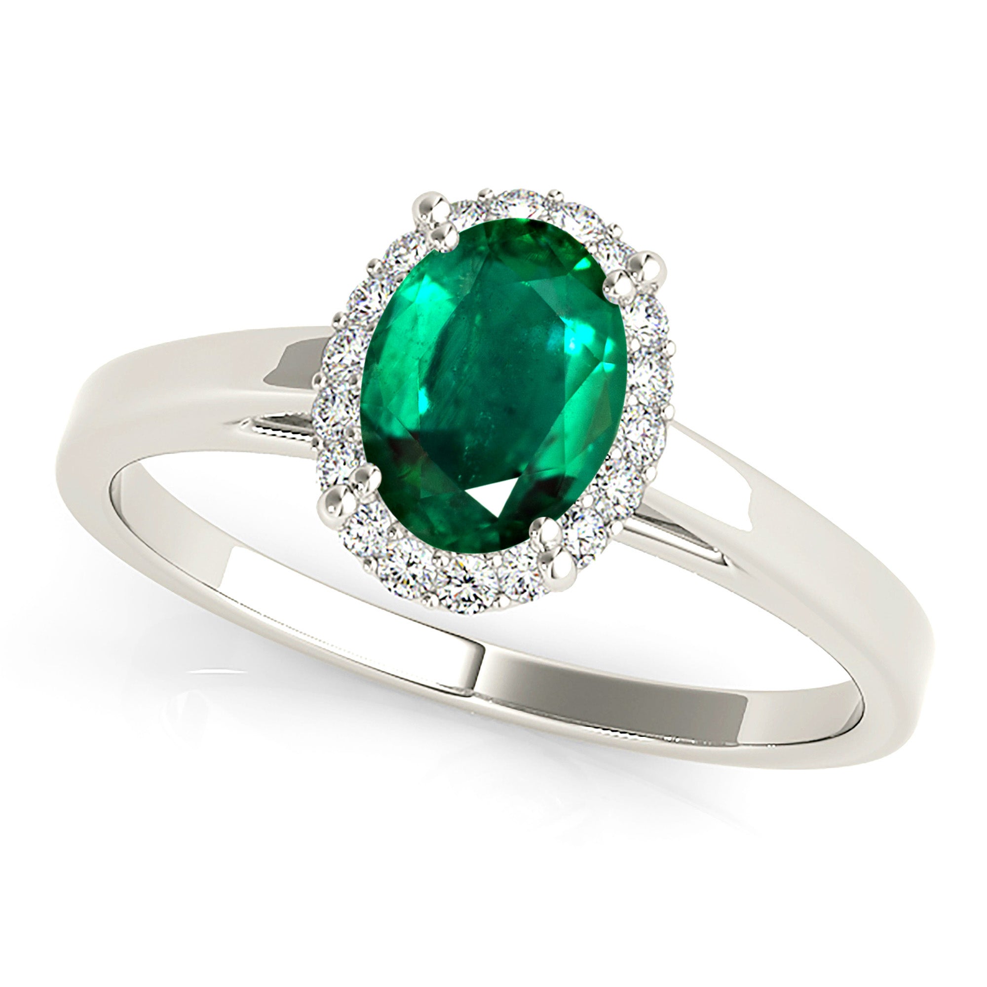 1.30 ct. Genuine Oval Emerald Ring With 0.20 ctw. Diamond Halo,Plain Solitaire Band-VIRABYANI