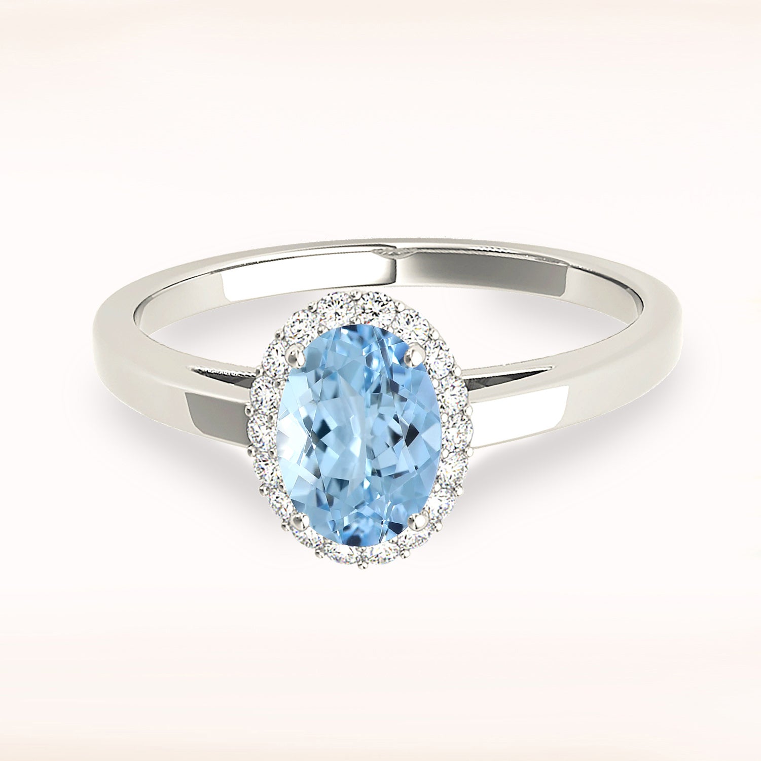 1.27 ct. Genuine Oval Aquamarine Ring With 0.20 ctw. Diamond Halo and Solid Gold Band | Oval Blue Aquamarine Halo Ring-VIRABYANI