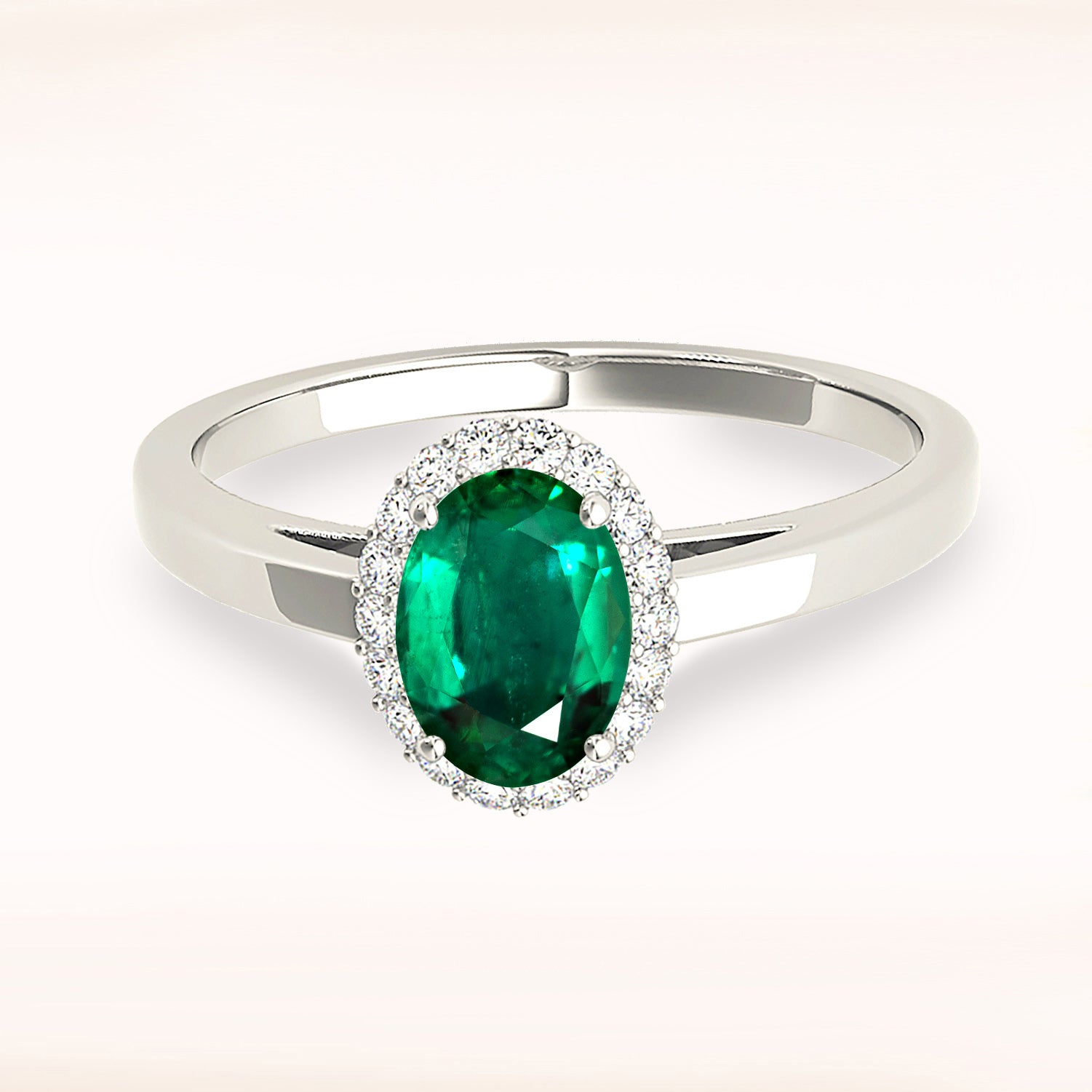 1.30 ct. Genuine Oval Emerald Ring With 0.20 ctw. Diamond Halo,Plain Solitaire Band-VIRABYANI