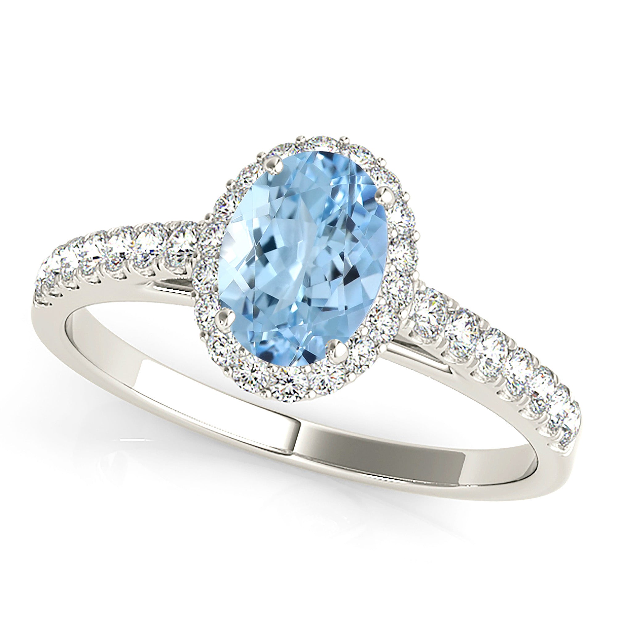 1.27 ct. Genuine Oval Aquamarine Ring With 0.25 ctw. Diamond Halo and Delicate Dainty Diamond Band| Round Blue Aquamarine Halo Ring-VIRABYANI