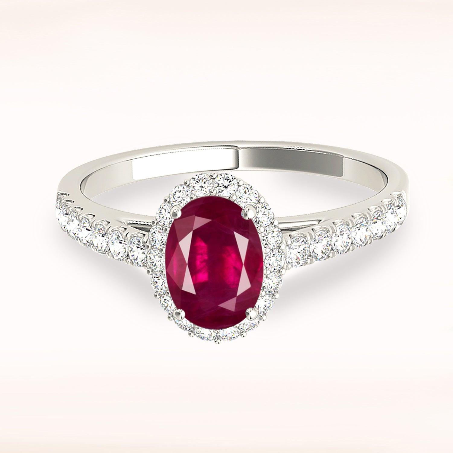 1.55 ct. Genuine Oval Ruby Ring With 0.25 ctw. Diamond Halo And Delicate Diamond Band-VIRABYANI