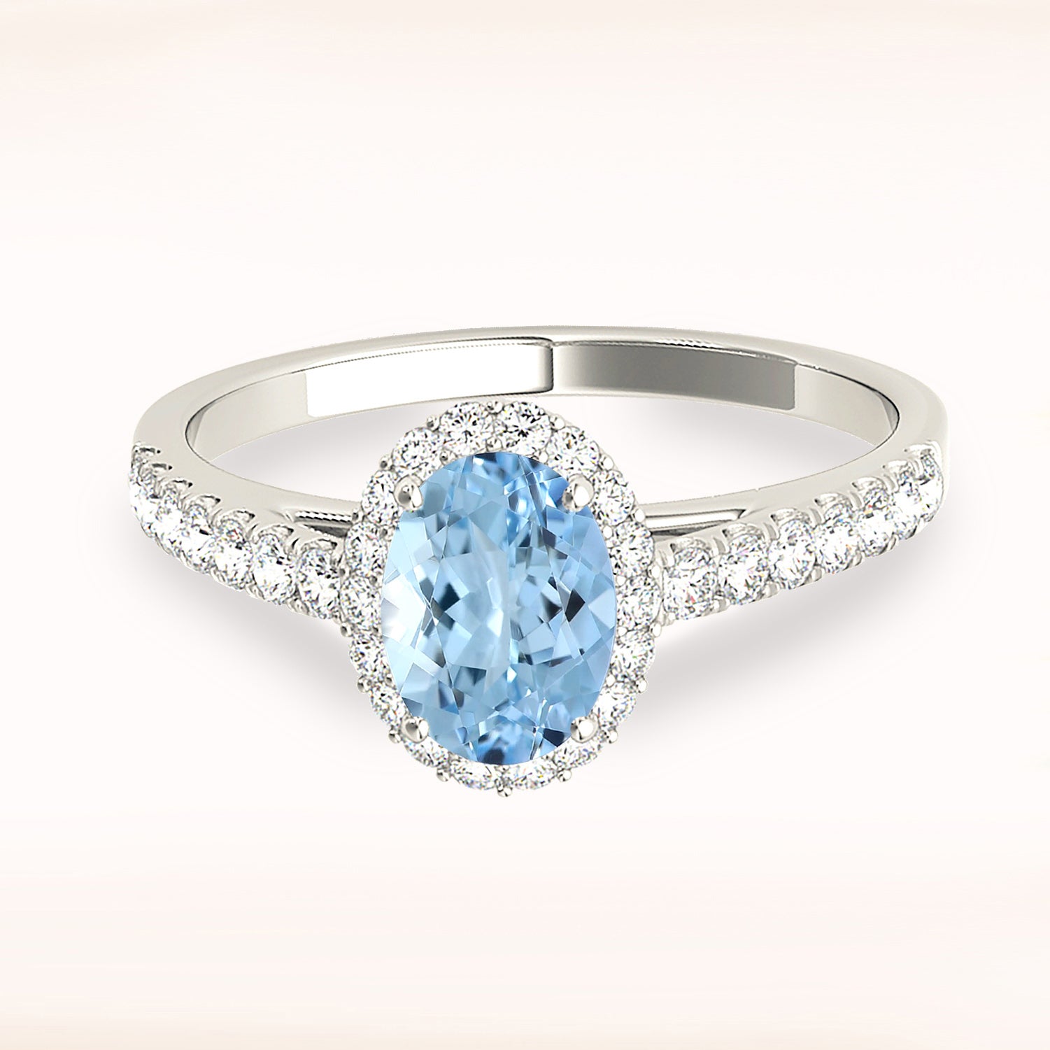 1.27 ct. Genuine Oval Aquamarine Ring With 0.25 ctw. Diamond Halo and Delicate Dainty Diamond Band| Round Blue Aquamarine Halo Ring-VIRABYANI