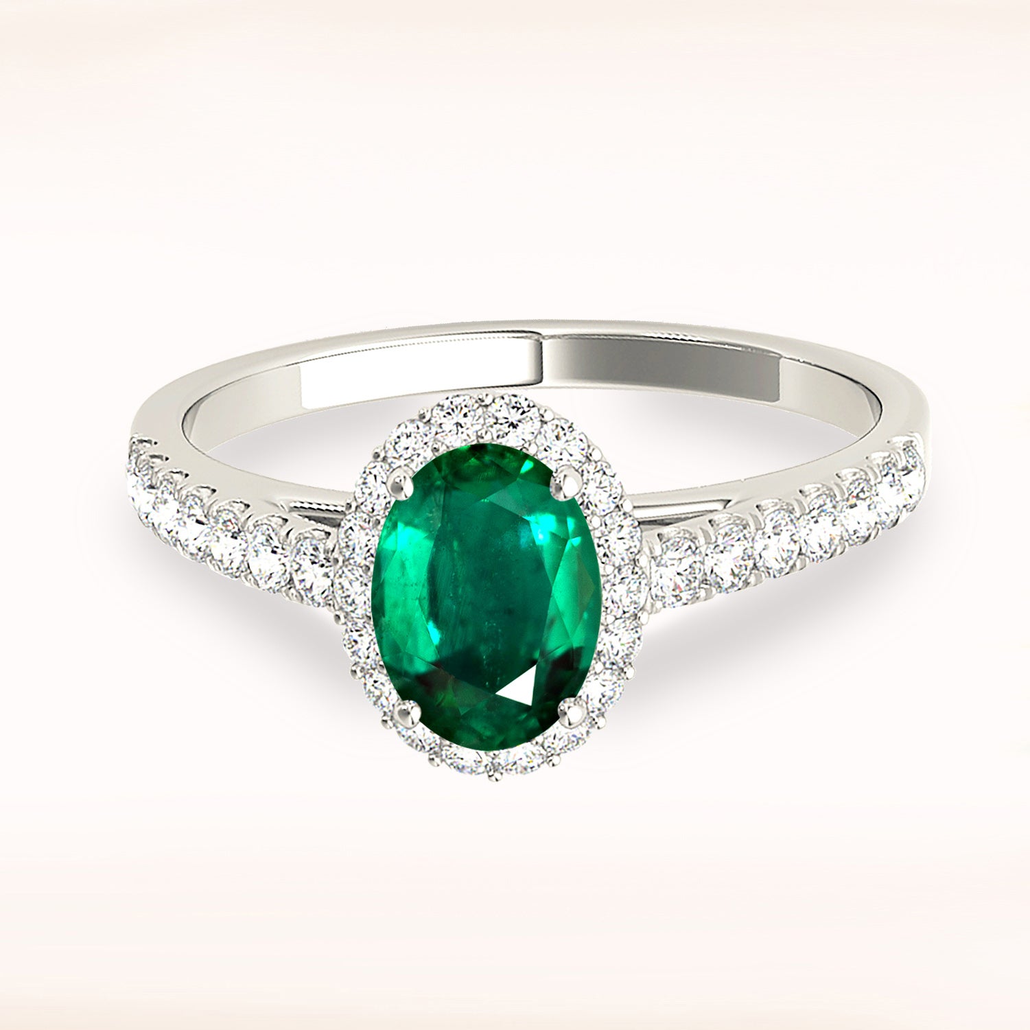 1.30 ct. Genuine Oval Emerald With 0.25 ctw. Diamond Halo And Thin Diamond Band-VIRABYANI