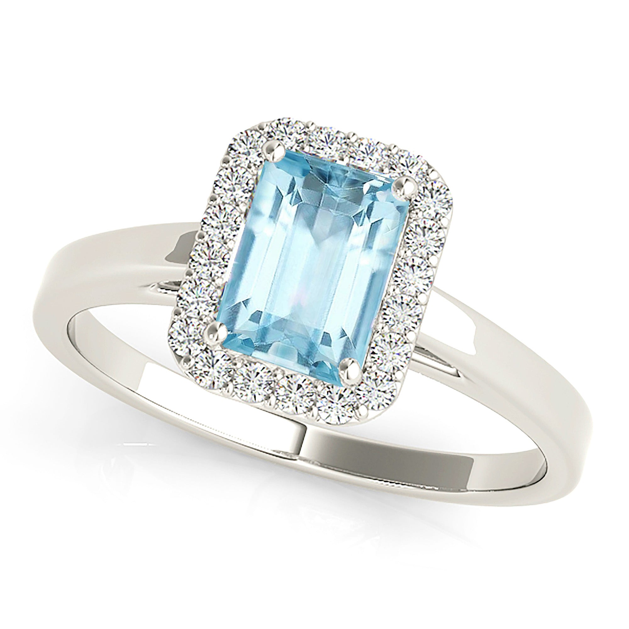 1.00 ct. Genuine Emerald Cut Aquamarine Ring With 0.20 ctw. Diamond Halo And Solid Gold Band | Emerald Cut Blue Aquamarine Halo Ring-VIRABYANI