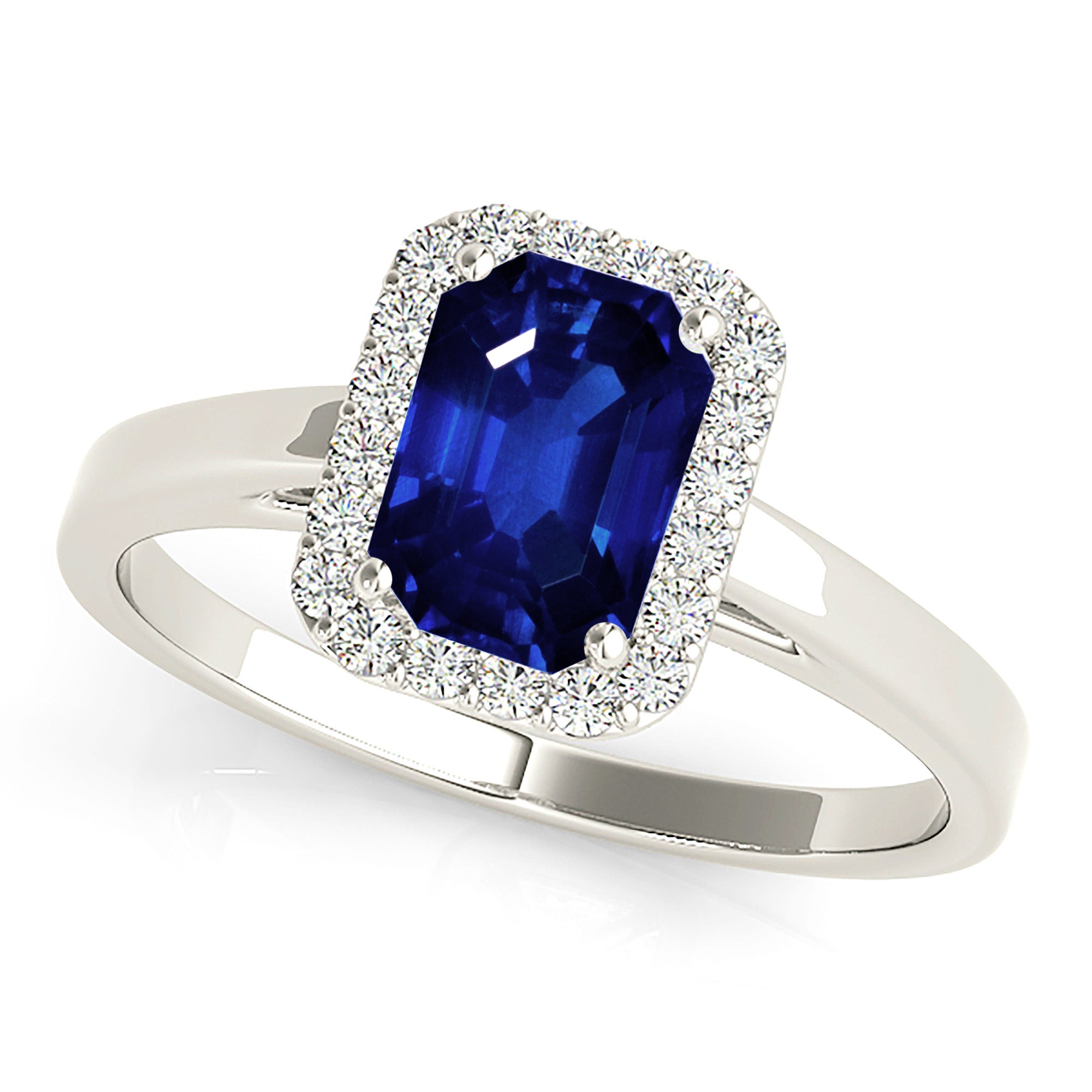 1.15 ct. Genuine Blue Emerald Cut Sapphire Ring With 0.20 ctw. Diamond Halo, Solid Gold Band | Natural Sapphire And Diamond Gemstone Ring-VIRABYANI