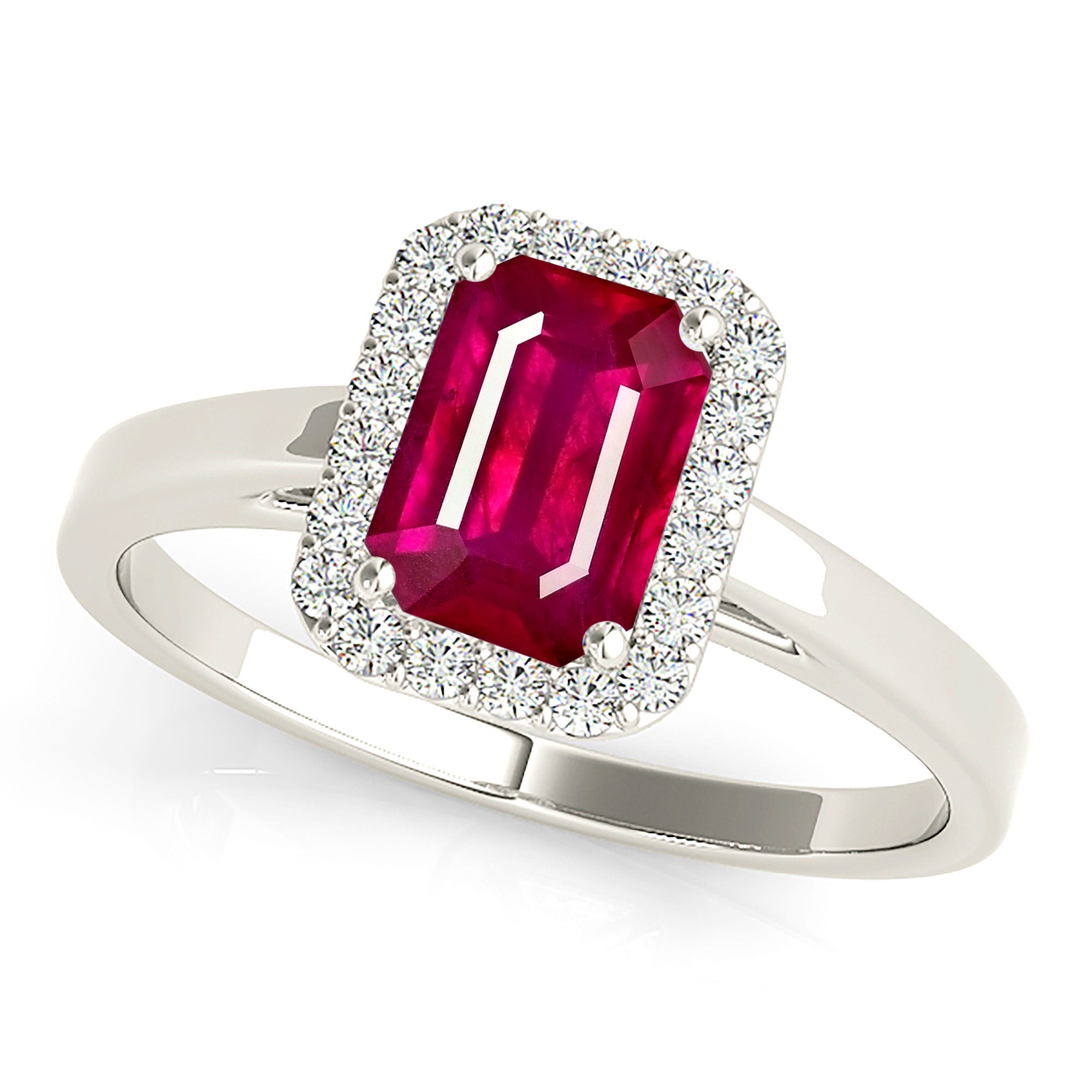 1.20 ct. Genuine Emerald Cut Ruby Ring with 0.20 ctw. Diamond Halo And Solid Gold Shank-VIRABYANI