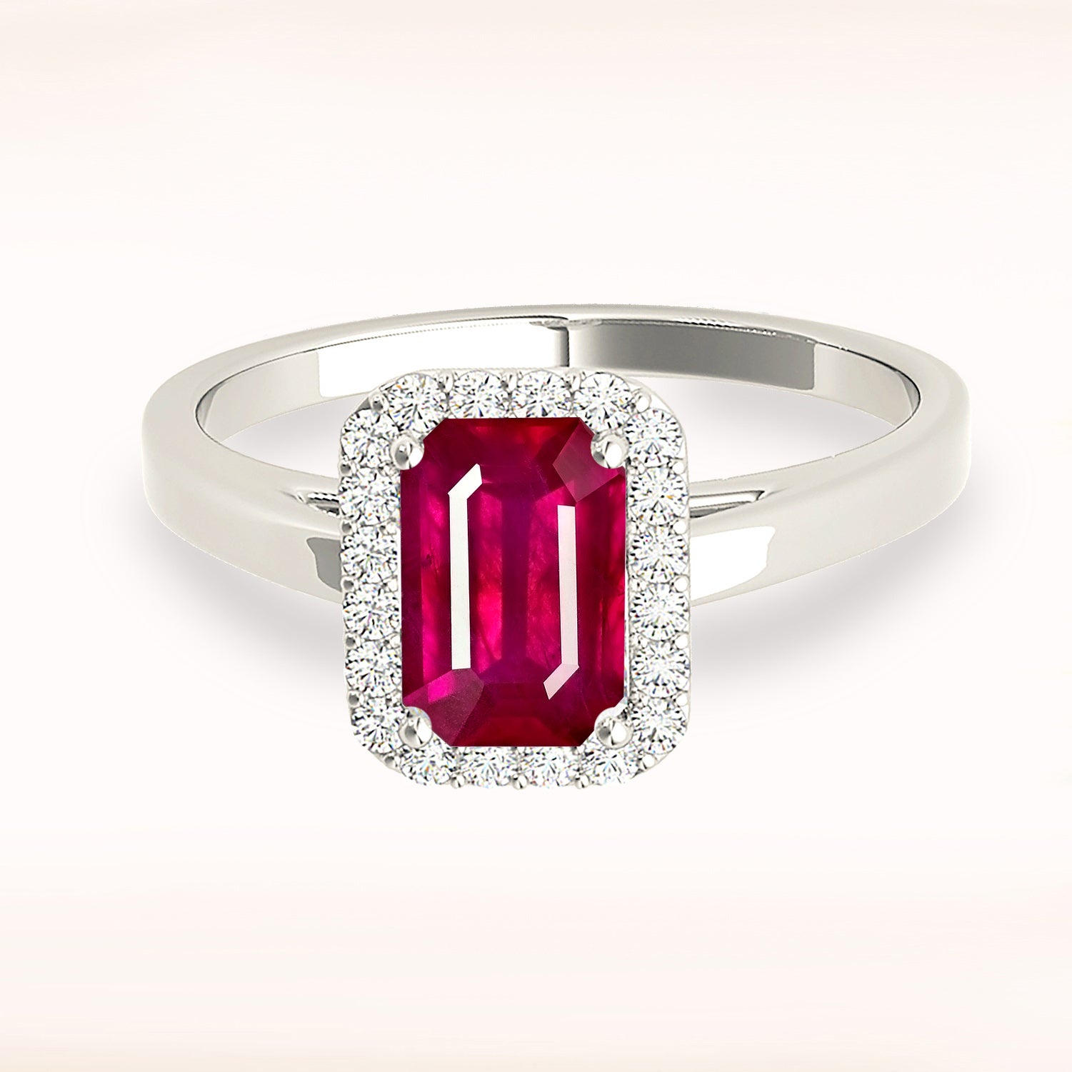 1.20 ct. Genuine Emerald Cut Ruby Ring with 0.20 ctw. Diamond Halo And Solid Gold Shank-VIRABYANI