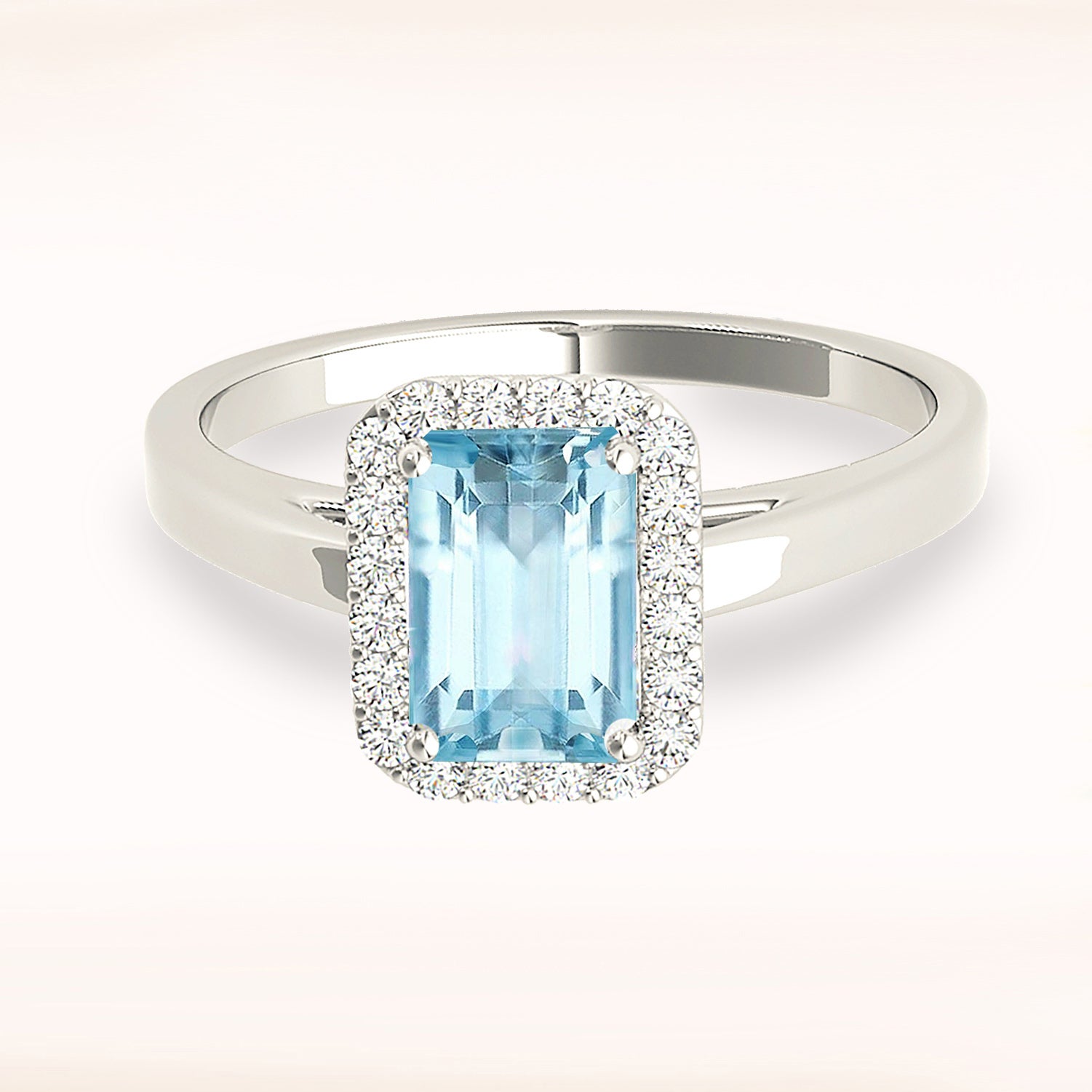 1.00 ct. Genuine Emerald Cut Aquamarine Ring With 0.20 ctw. Diamond Halo And Solid Gold Band | Emerald Cut Blue Aquamarine Halo Ring-VIRABYANI