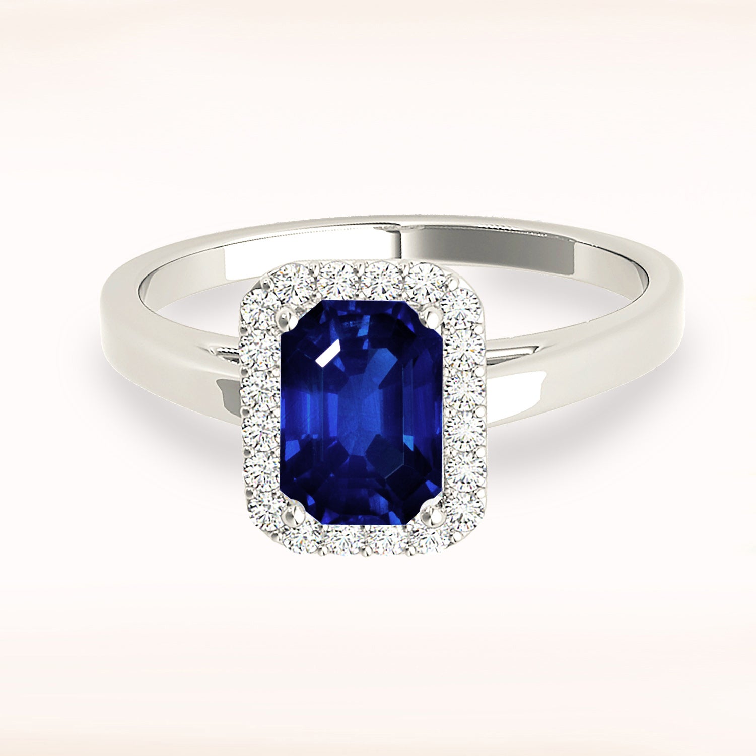 1.15 ct. Genuine Blue Emerald Cut Sapphire Ring With 0.20 ctw. Diamond Halo, Solid Gold Band | Natural Sapphire And Diamond Gemstone Ring-VIRABYANI