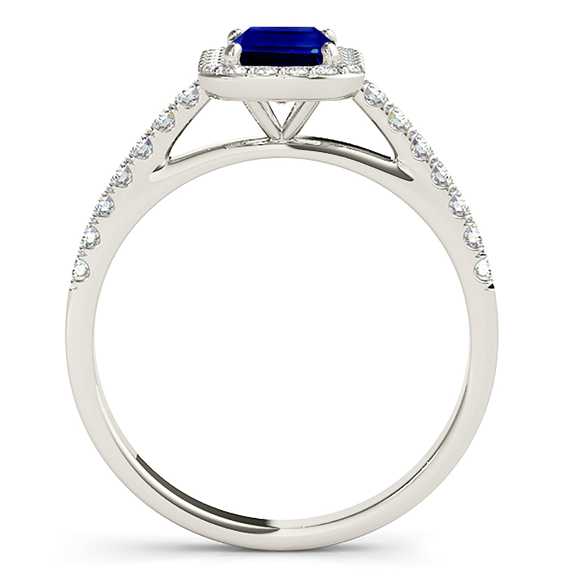 1.15 ct. Genuine Blue Emerald Cut Sapphire Ring With 0.25 ctw. Diamond Halo, Delicate Diamond Band | Natural Sapphire And Diamond Ring-VIRABYANI