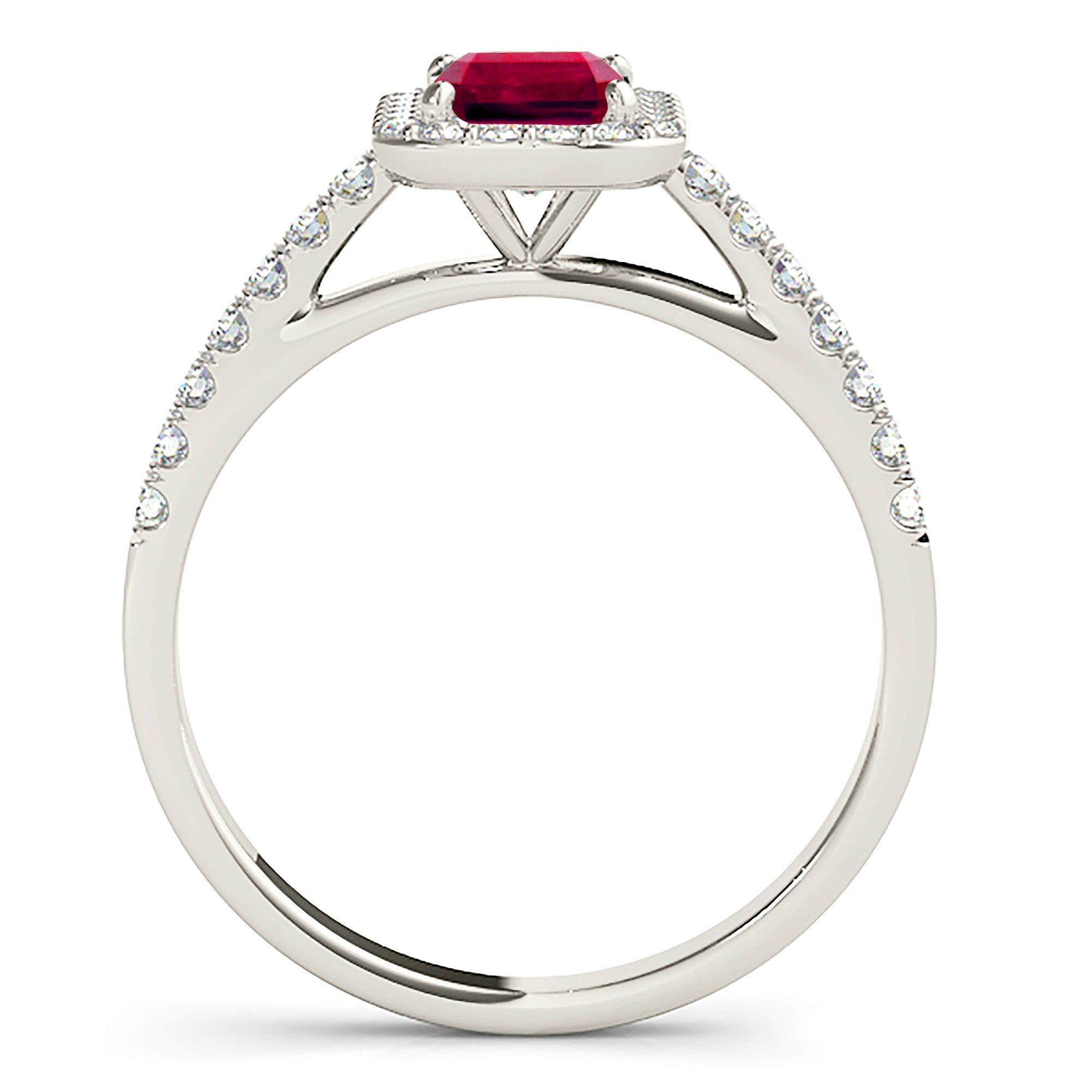 1.20 ct. Genuine Emerald Cut Ruby Ring With 0.25 ctw. Diamond Halo And Delicate Diamond Band-VIRABYANI