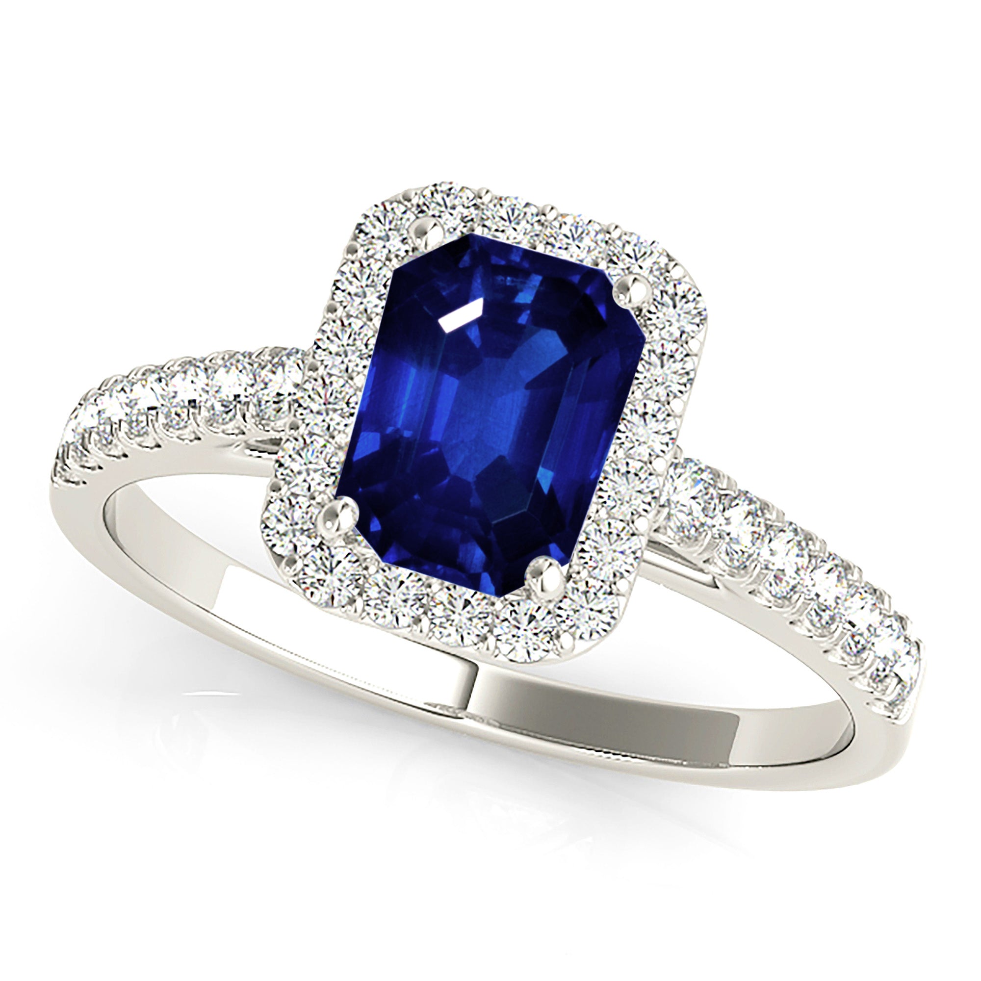1.15 ct. Genuine Blue Emerald Cut Sapphire Ring With 0.25 ctw. Diamond Halo, Delicate Diamond Band | Natural Sapphire And Diamond Ring-VIRABYANI