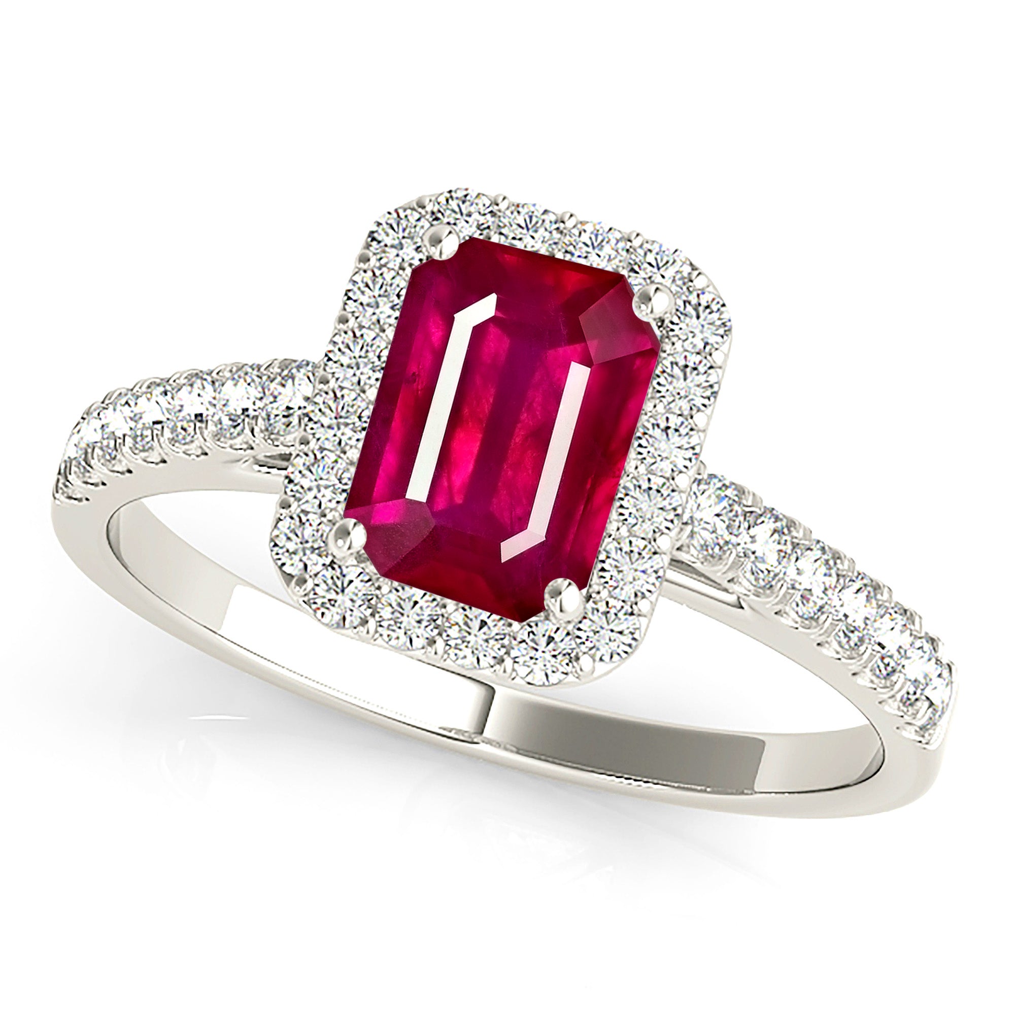 1.20 ct. Genuine Emerald Cut Ruby Ring With 0.25 ctw. Diamond Halo And Delicate Diamond Band-VIRABYANI