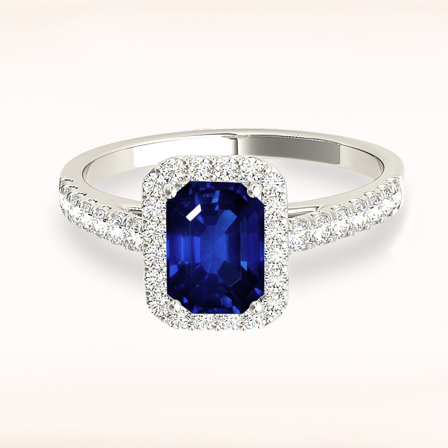 1.15 ct. Genuine Blue Emerald Cut Sapphire Ring With 0.25 ctw. Diamond Halo, Delicate Diamond Band | Natural Sapphire And Diamond Ring-VIRABYANI