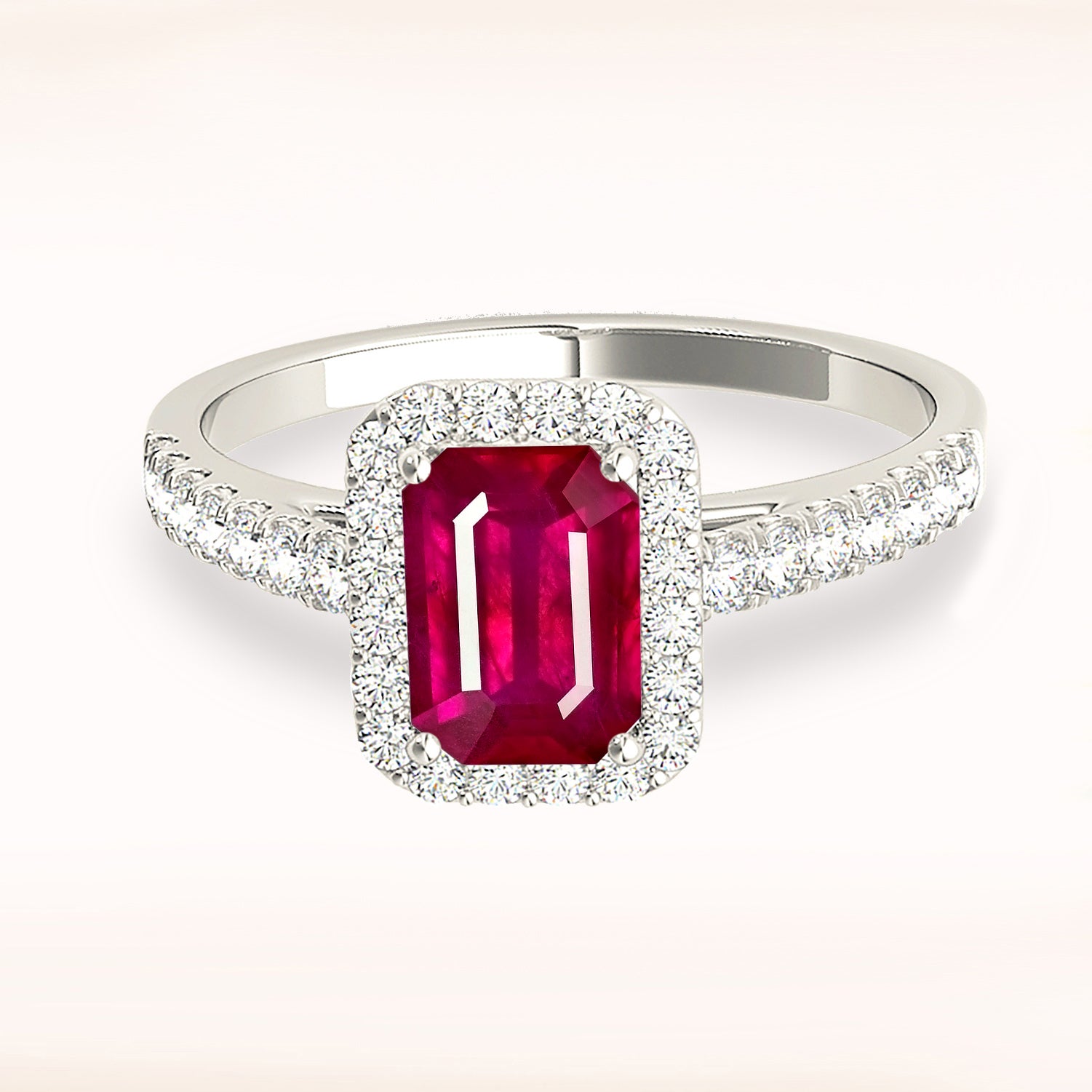 1.20 ct. Genuine Emerald Cut Ruby Ring With 0.25 ctw. Diamond Halo And Delicate Diamond Band-VIRABYANI