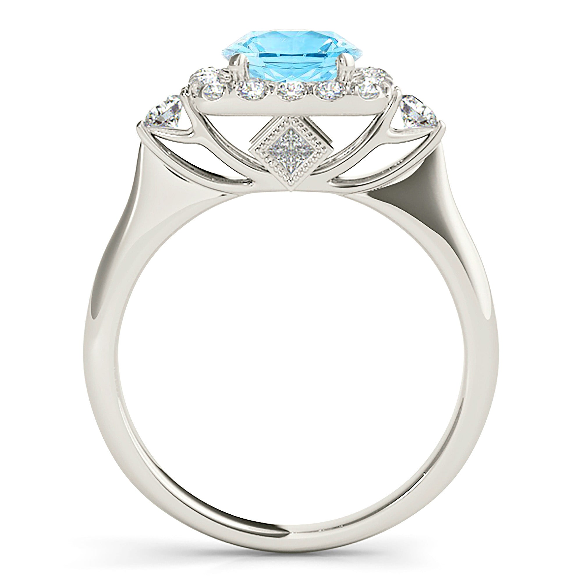 2.00 ct.Genuine Aquamarine Ring With 0.50 ctw. Diamond Cushion Halo And Side Accent Diamonds,Solid Gold Band | Round Blue Aquamarine Halo Ring-VIRABYANI