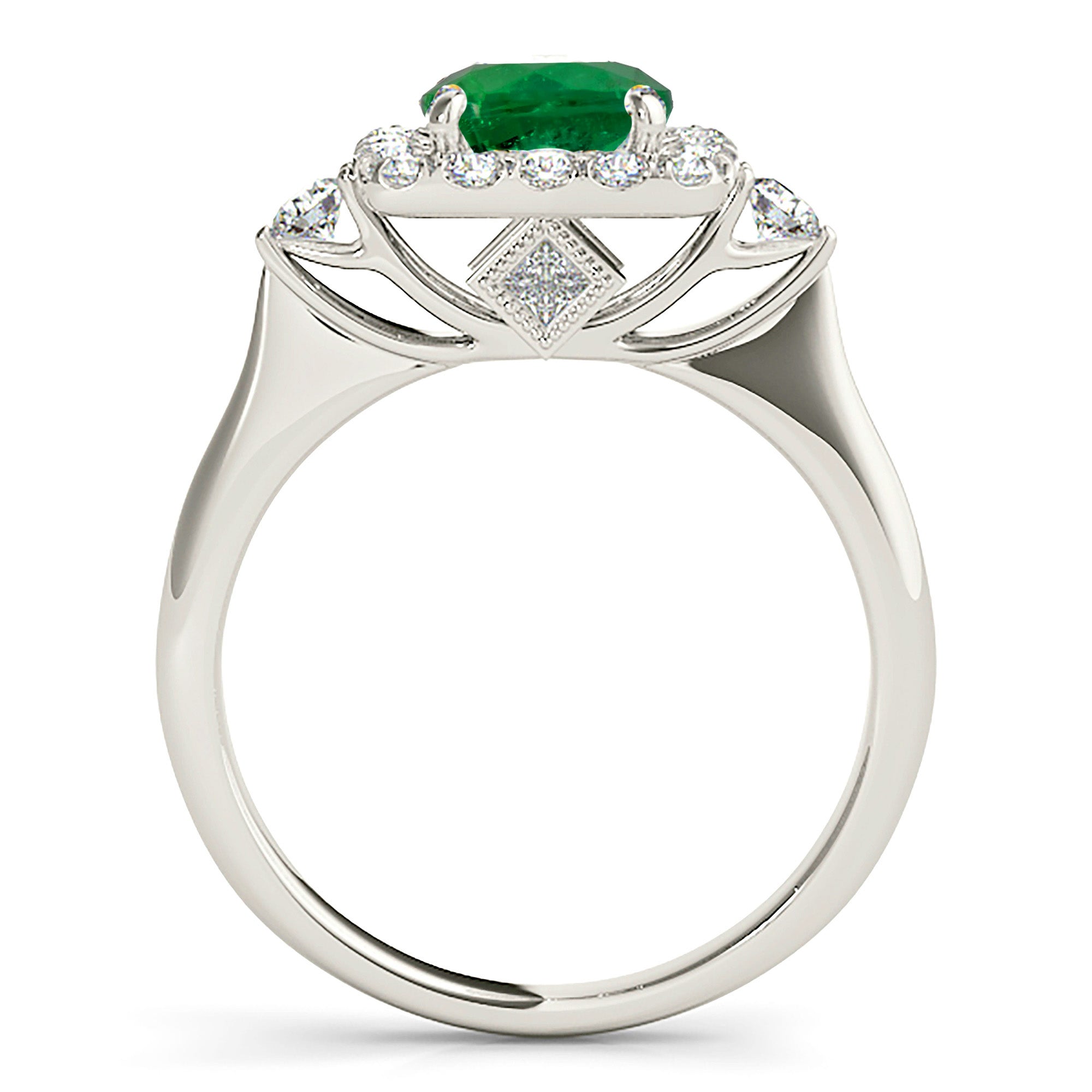 2.00 ct. Genuine Round Emerald Ring With 0.50 ctw. Diamond Square Halo, Side Accent Diamonds, Plain Band-VIRABYANI