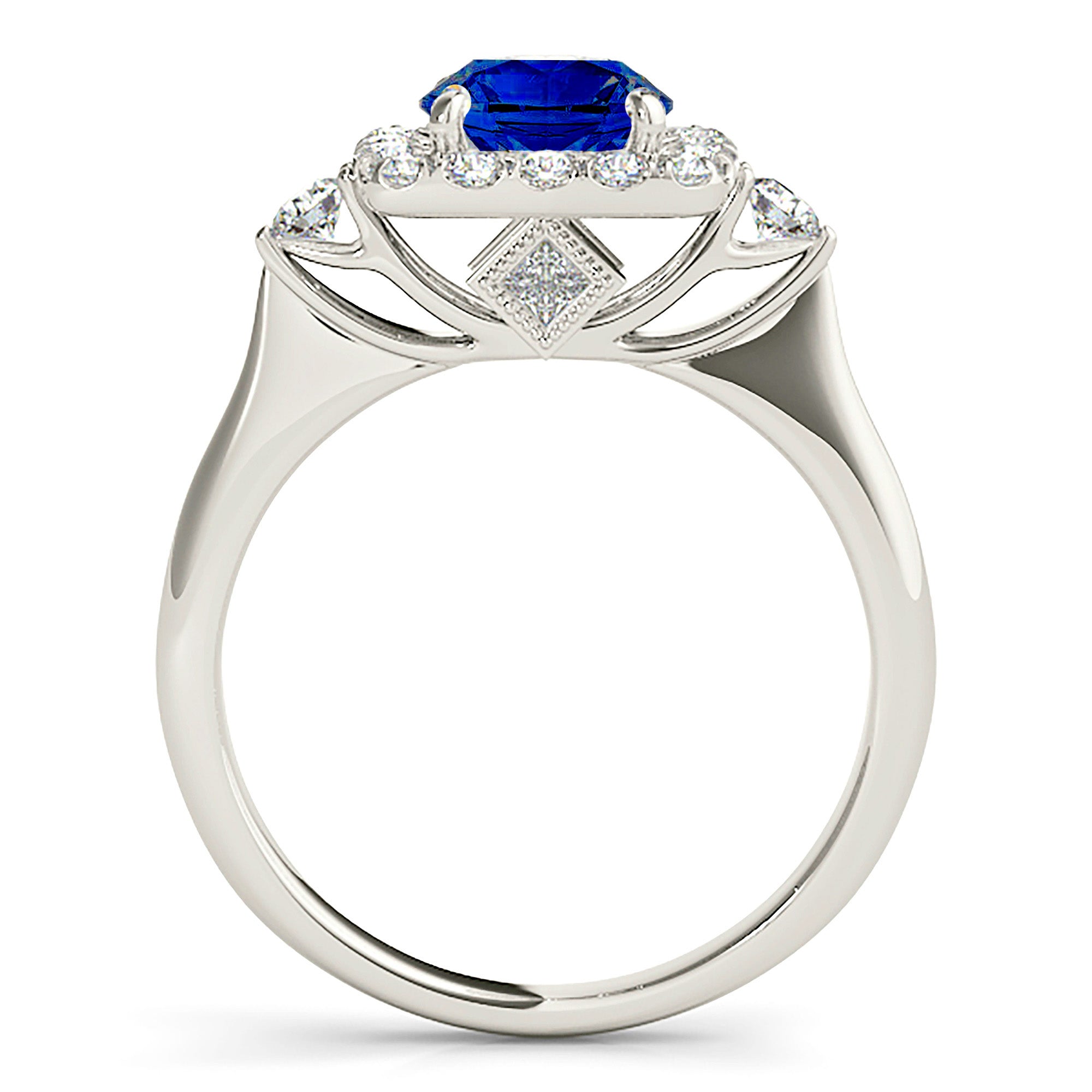 2.41 ct. Genuine Blue Round Sapphire Ring with 0.50 ctw. Diamond Cushion Halo, Side Accent Diamonds, Solid Band | Blue Sapphire Classic Ring-in 14K/18K White, Yellow, Rose Gold and Platinum - Christmas Jewelry Gift -VIRABYANI