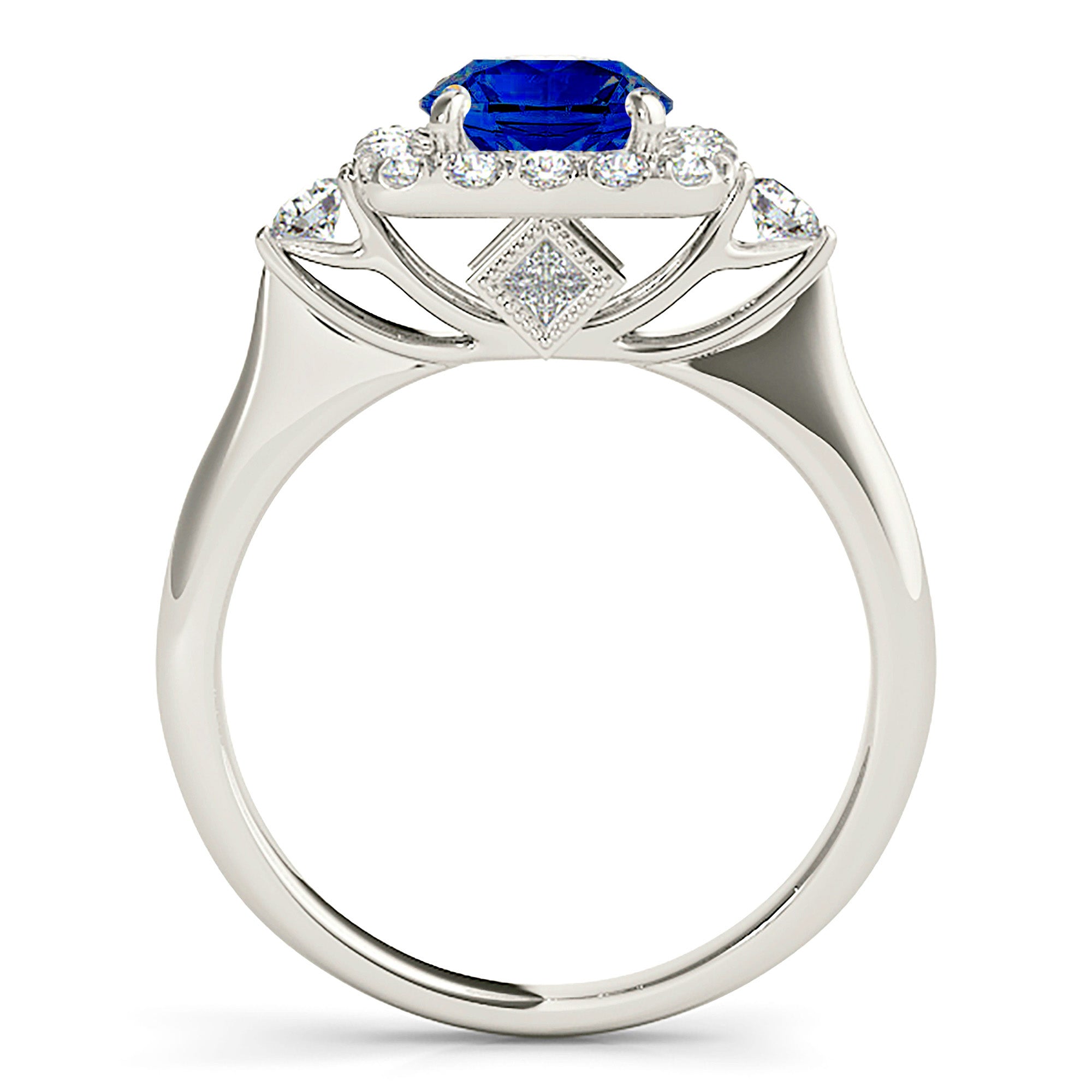 2.41 ct. Genuine Blue Round Sapphire Ring with 0.50 ctw. Diamond Cushion Halo, Side Accent Diamonds, Solid Band | Blue Sapphire Classic Ring-VIRABYANI