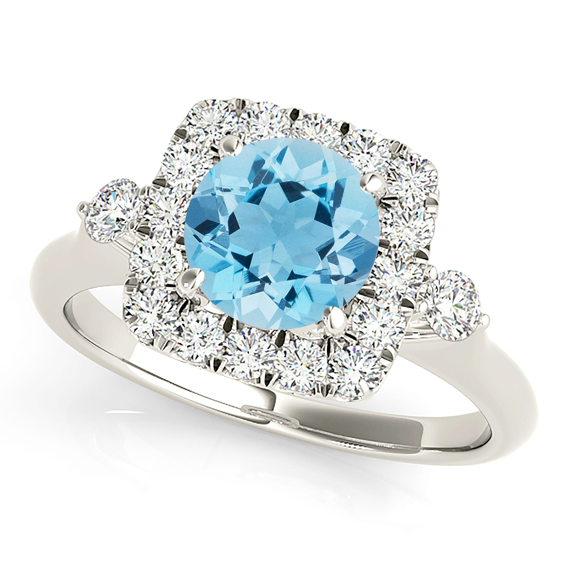 2.00 ct.Genuine Aquamarine Ring With 0.50 ctw. Diamond Cushion Halo And Side Accent Diamonds,Solid Gold Band | Round Blue Aquamarine Halo Ring-VIRABYANI