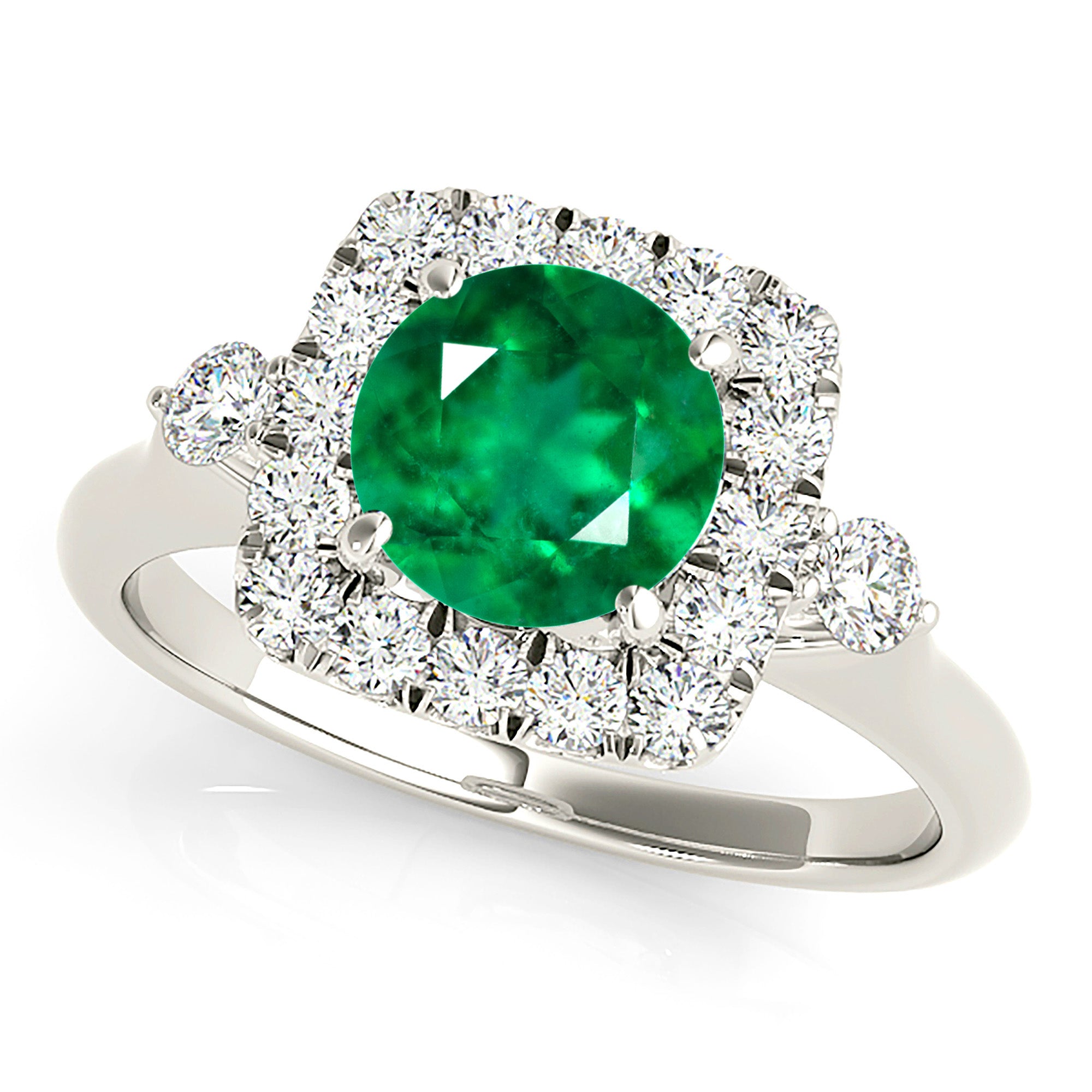 2.00 ct. Genuine Round Emerald Ring With 0.50 ctw. Diamond Square Halo, Side Accent Diamonds, Plain Band-VIRABYANI