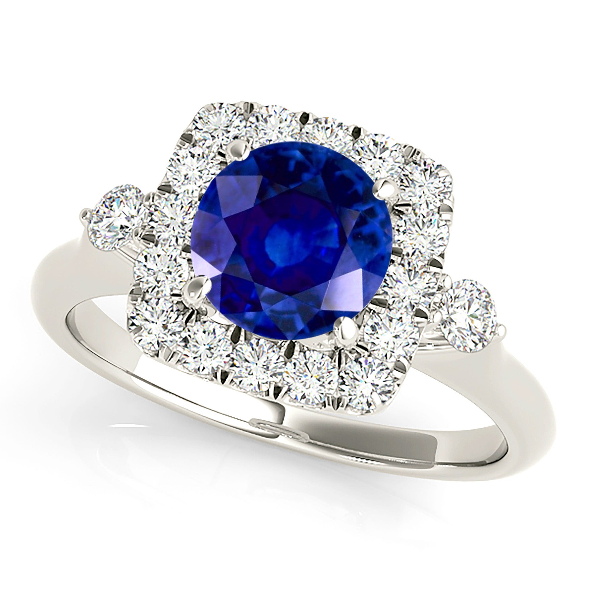 2.41 ct. Genuine Blue Round Sapphire Ring with 0.50 ctw. Diamond Cushion Halo, Side Accent Diamonds, Solid Band | Blue Sapphire Classic Ring-VIRABYANI