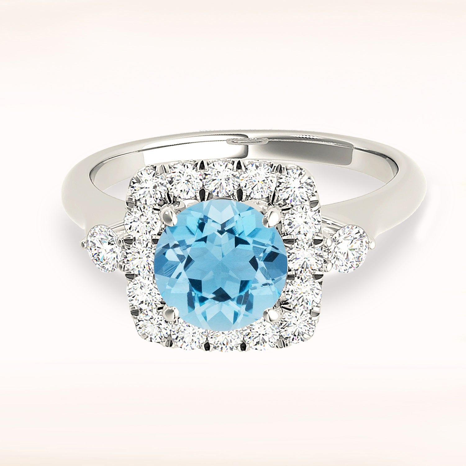 2.00 ct.Genuine Aquamarine Ring With 0.50 ctw. Diamond Cushion Halo And Side Accent Diamonds,Solid Gold Band | Round Blue Aquamarine Halo Ring-VIRABYANI