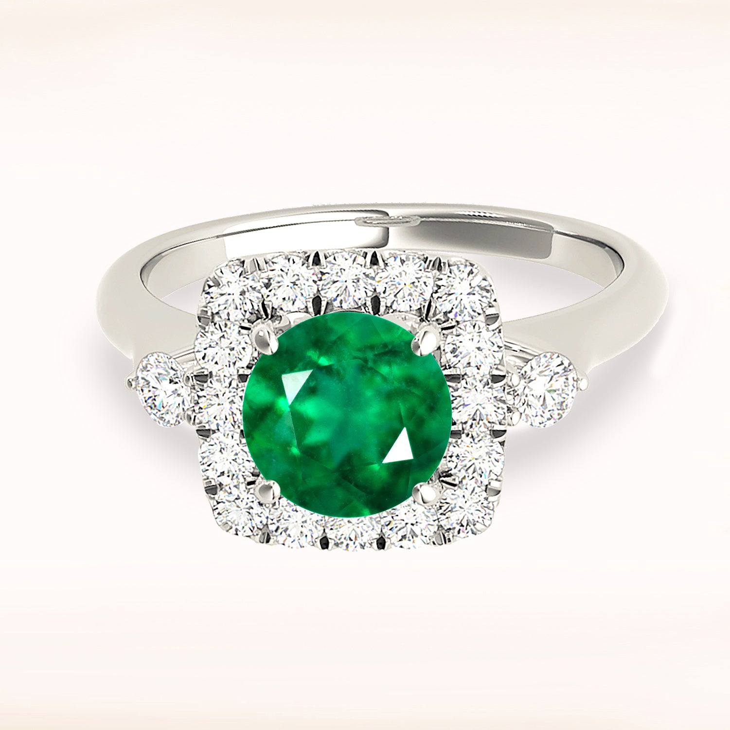 2.00 ct. Genuine Round Emerald Ring With 0.50 ctw. Diamond Square Halo, Side Accent Diamonds, Plain Band-VIRABYANI