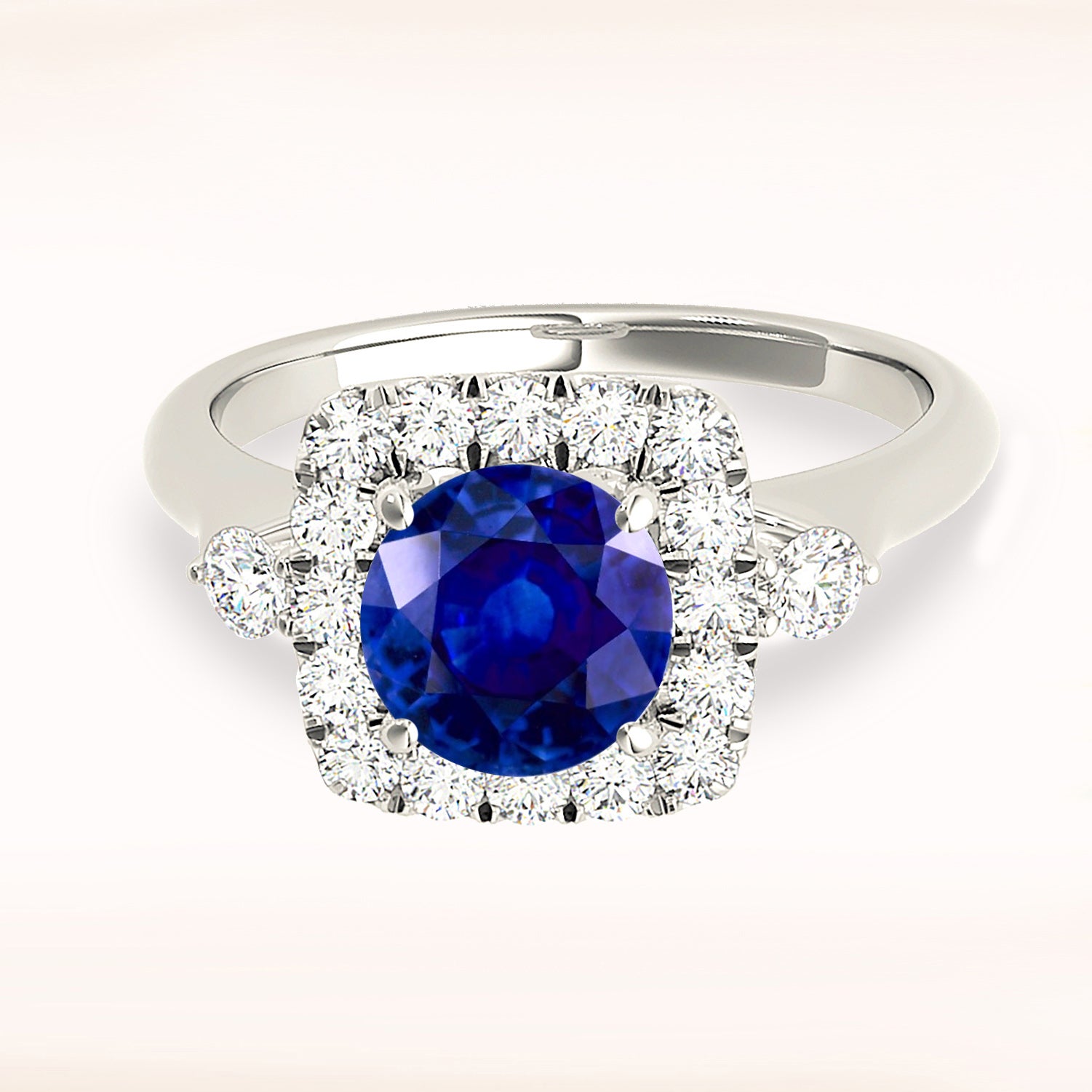 2.41 ct. Genuine Blue Round Sapphire Ring with 0.50 ctw. Diamond Cushion Halo, Side Accent Diamonds, Solid Band | Blue Sapphire Classic Ring-VIRABYANI